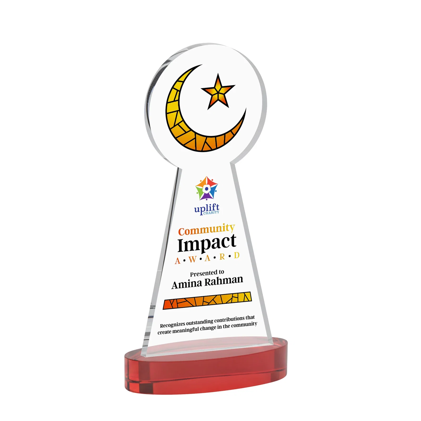 Customized Starfire Crescent and Star Award with Choice of Base Color for sales achievement awards