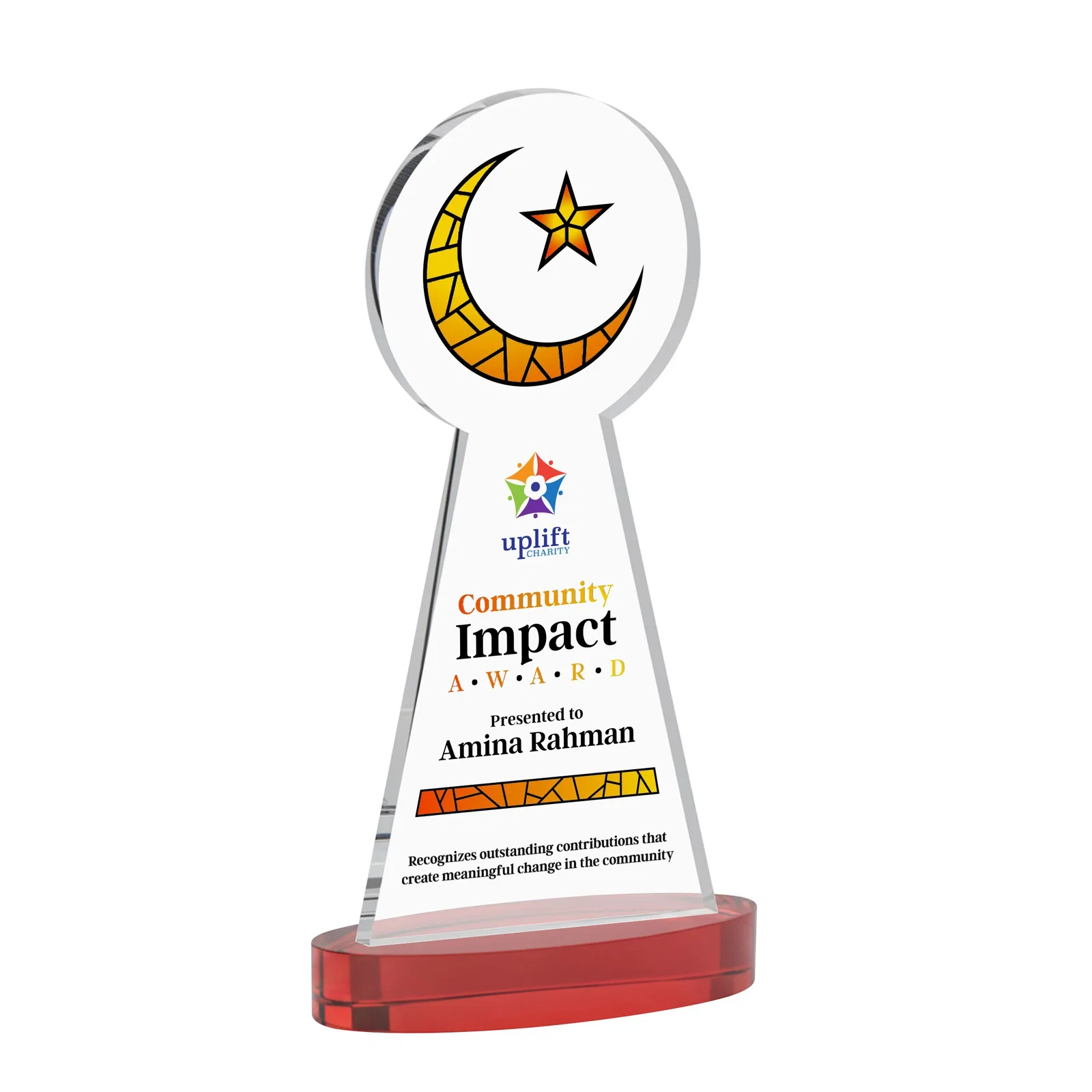 Customized Starfire Crescent and Star Award with Choice of Base Color for retirement presentations