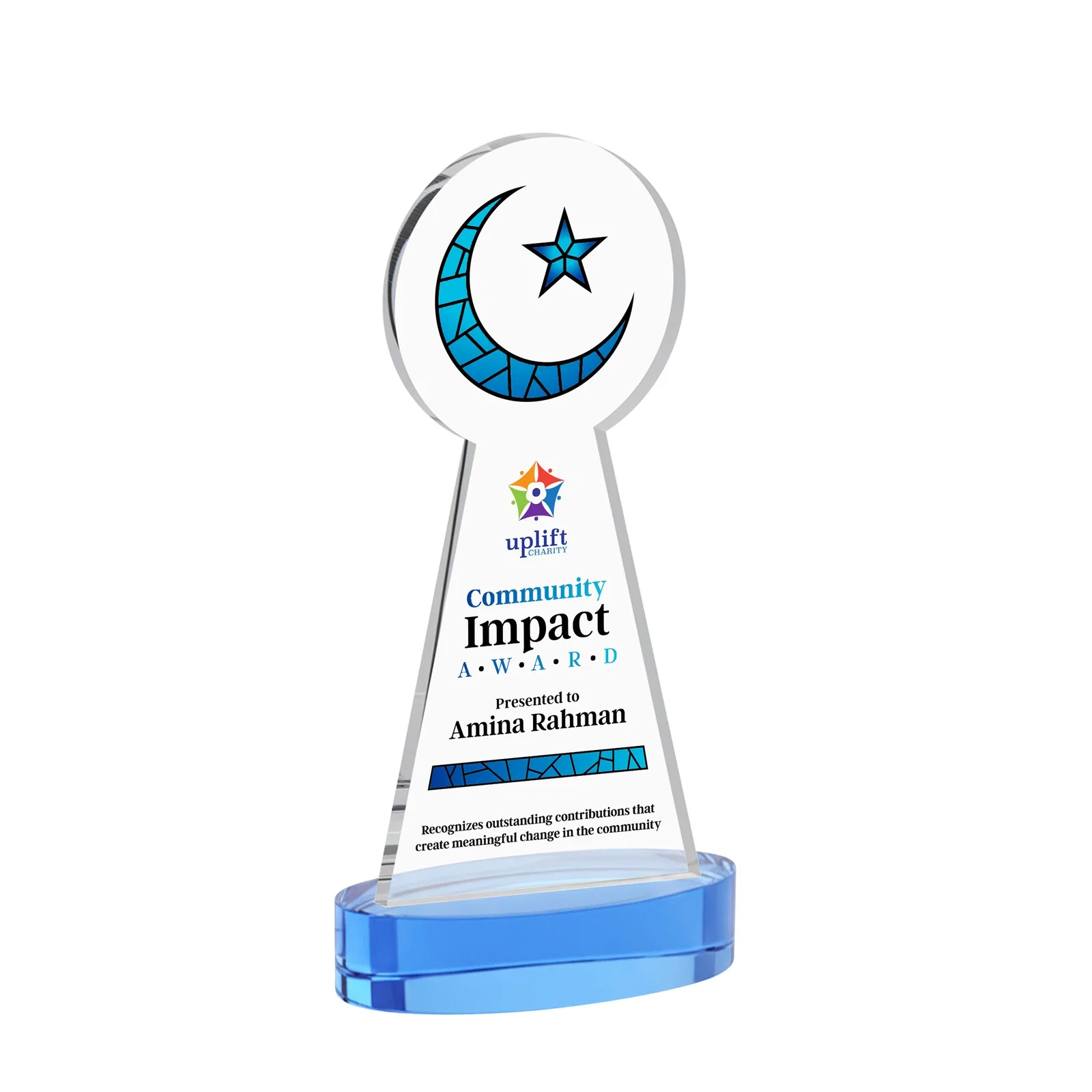 Customized Starfire Crescent and Star Award with Choice of Base Color for donor appreciation