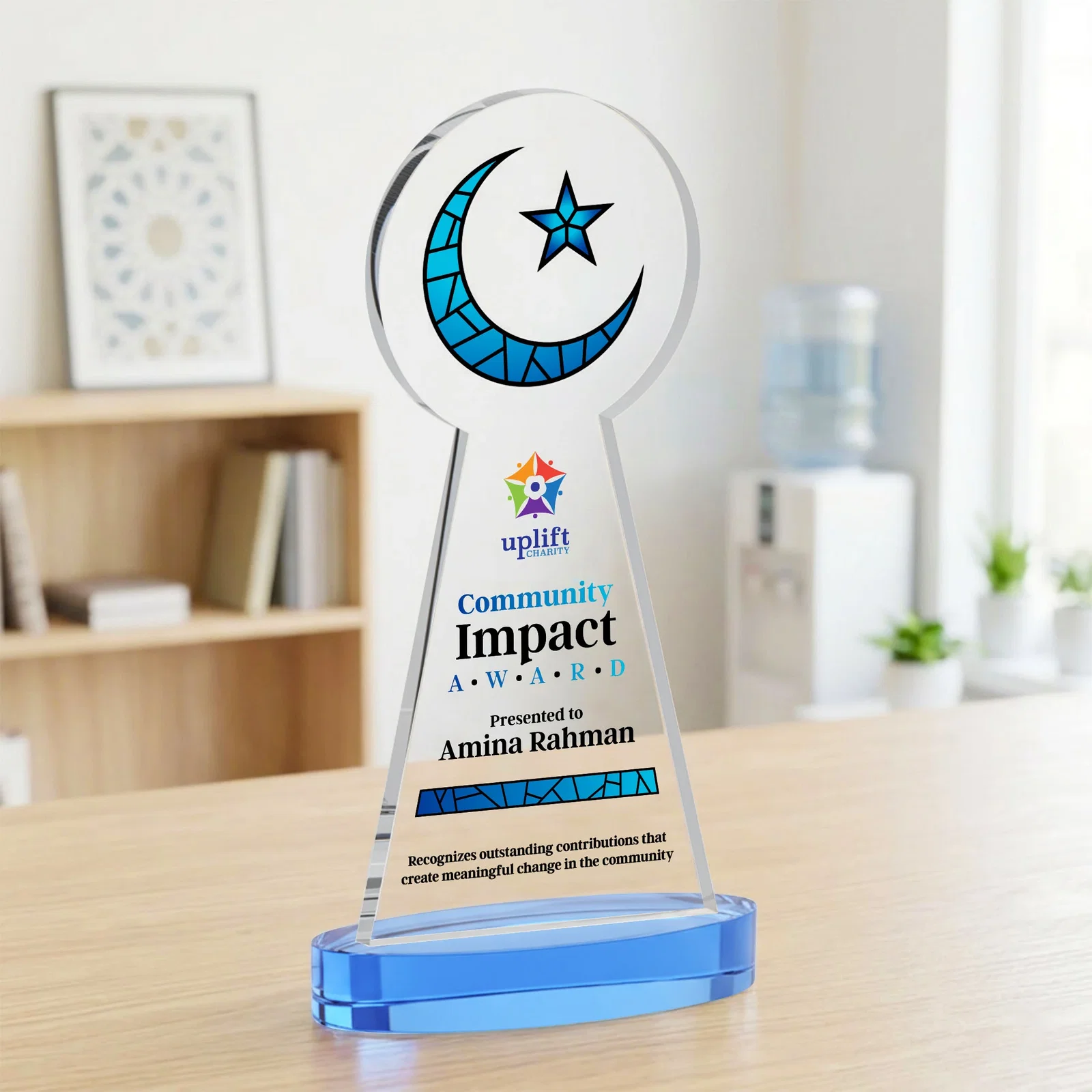 Customized Starfire Crescent and Star Award with Choice of Base Color for volunteer appreciation