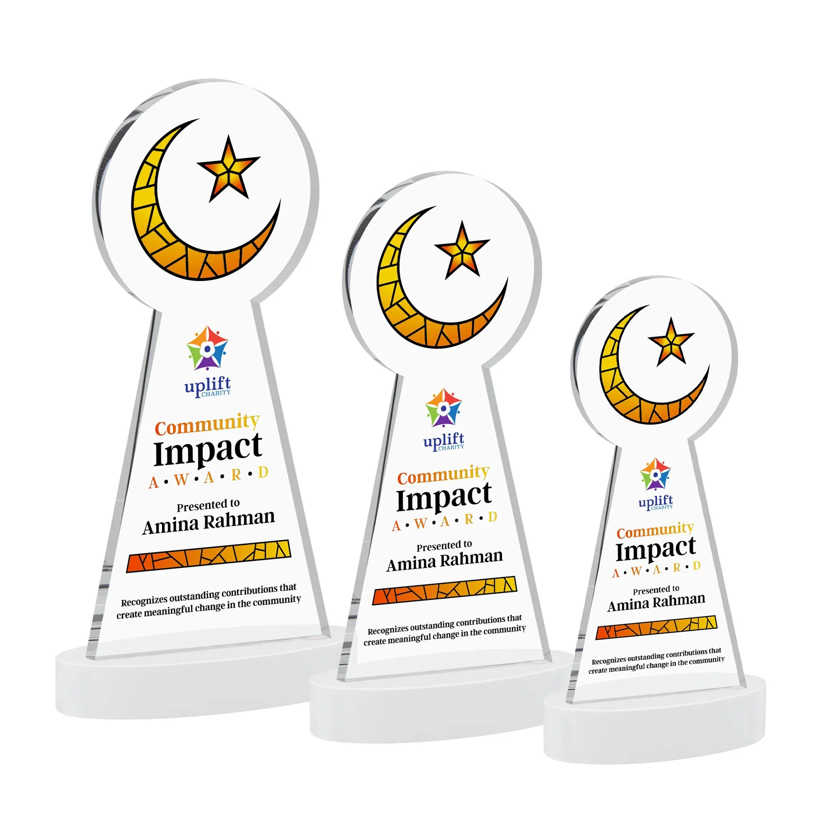 Customized Starfire Crescent and Star Award with Choice of Base Color for dealer and partner awards