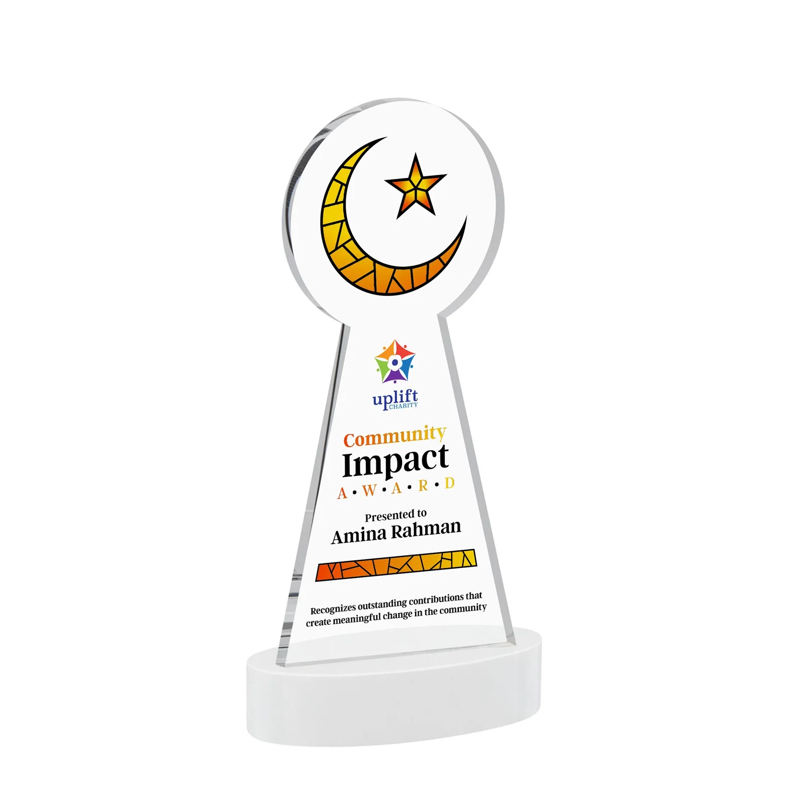 Customized Starfire Crescent and Star Award with Choice of Base Color for company anniversary events