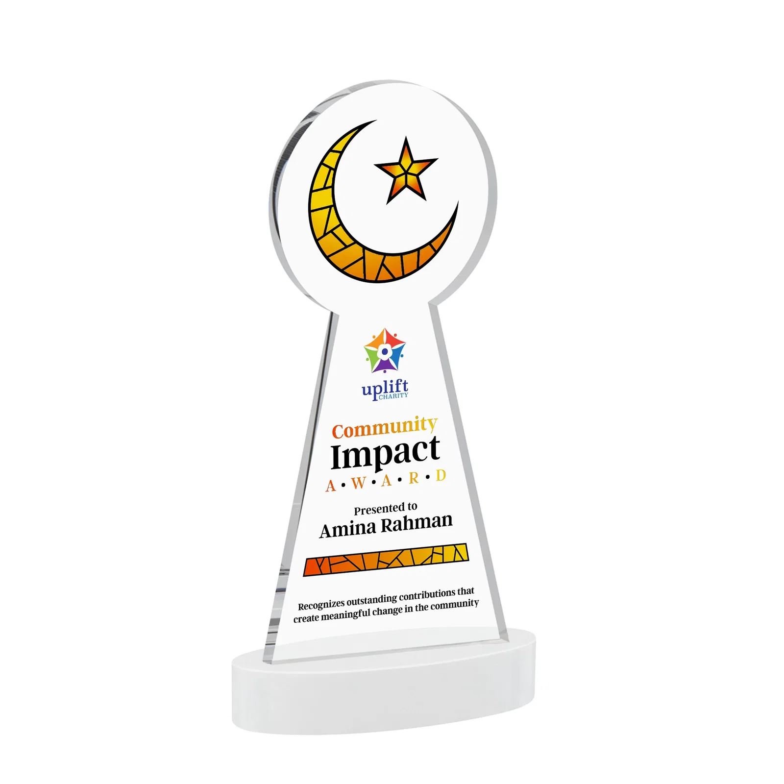Custom engraved Starfire Crescent and Star Award with Choice of Base Color for employee recognition