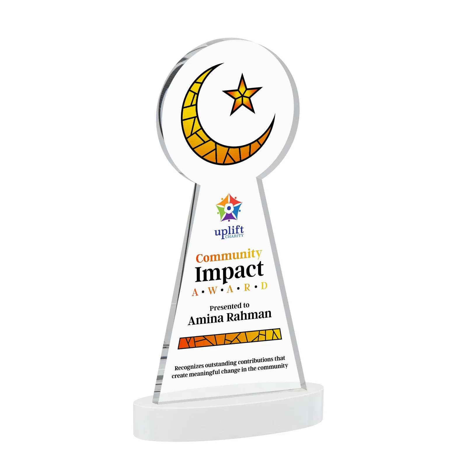 Custom engraved Starfire Crescent and Star Award with Choice of Base Color for corporate award ceremonies