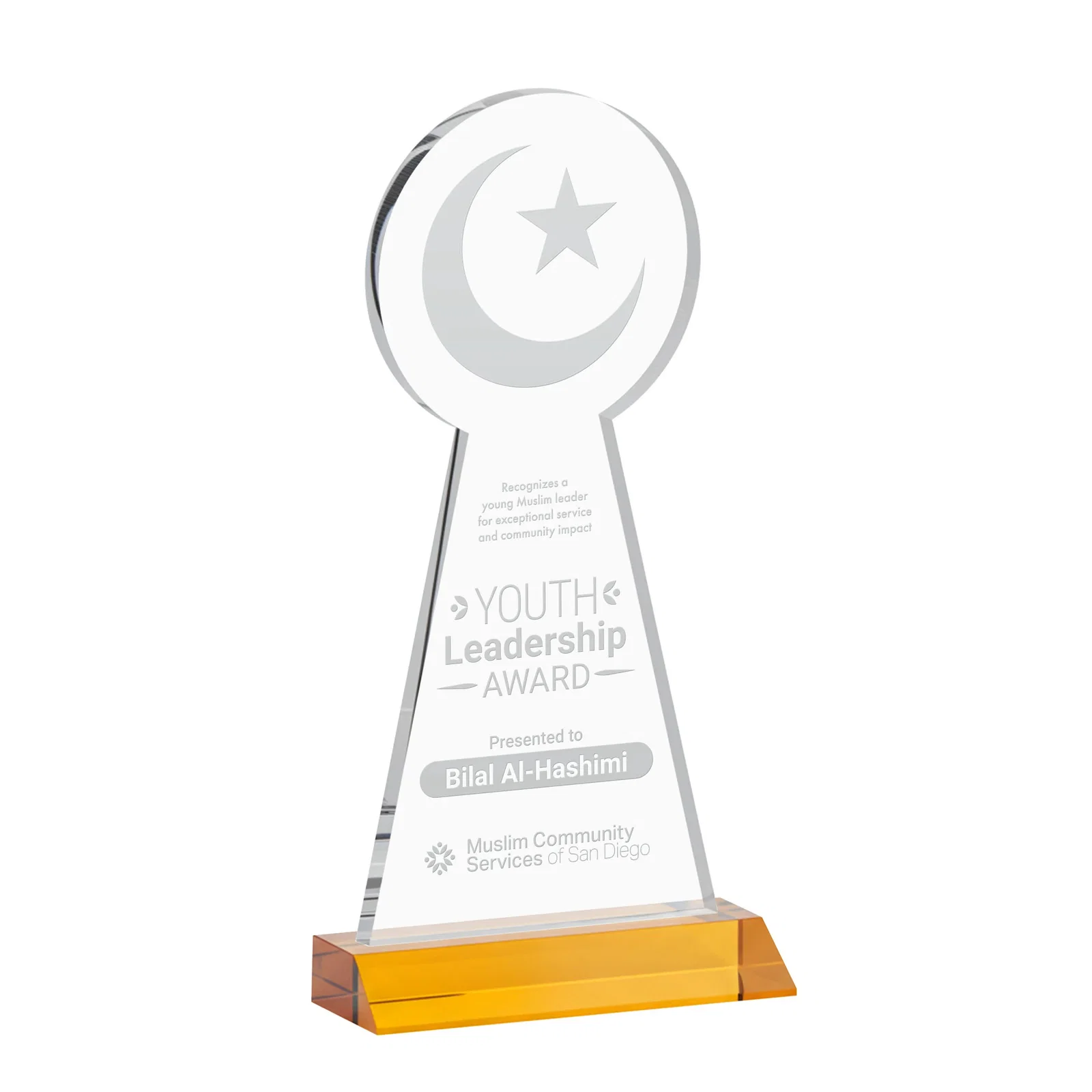 Custom Starfire Crescent and Star Award on a Front-Mitered Base for volunteer appreciation