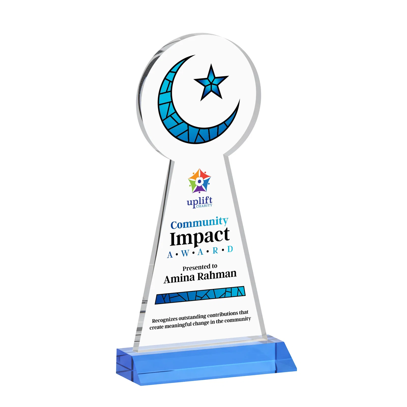Custom Starfire Crescent and Star Award on a Front-Mitered Base, with your logo for employee recognition