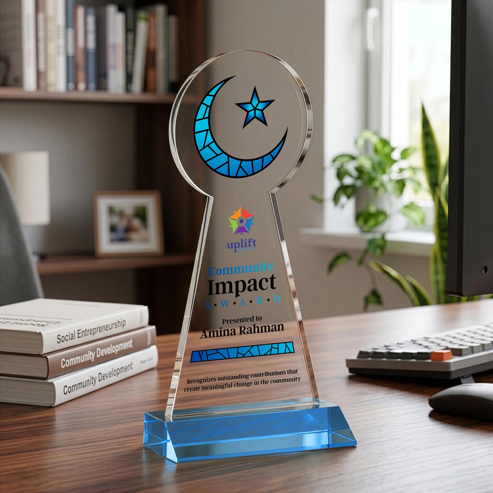 Custom Starfire Crescent and Star Award on a Front-Mitered Base, with your logo for corporate award ceremonies