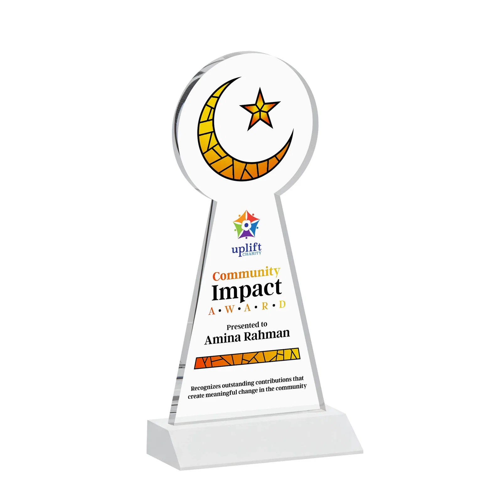 Custom Starfire Crescent and Star Award on a Front-Mitered Base, with your logo for retirement presentations