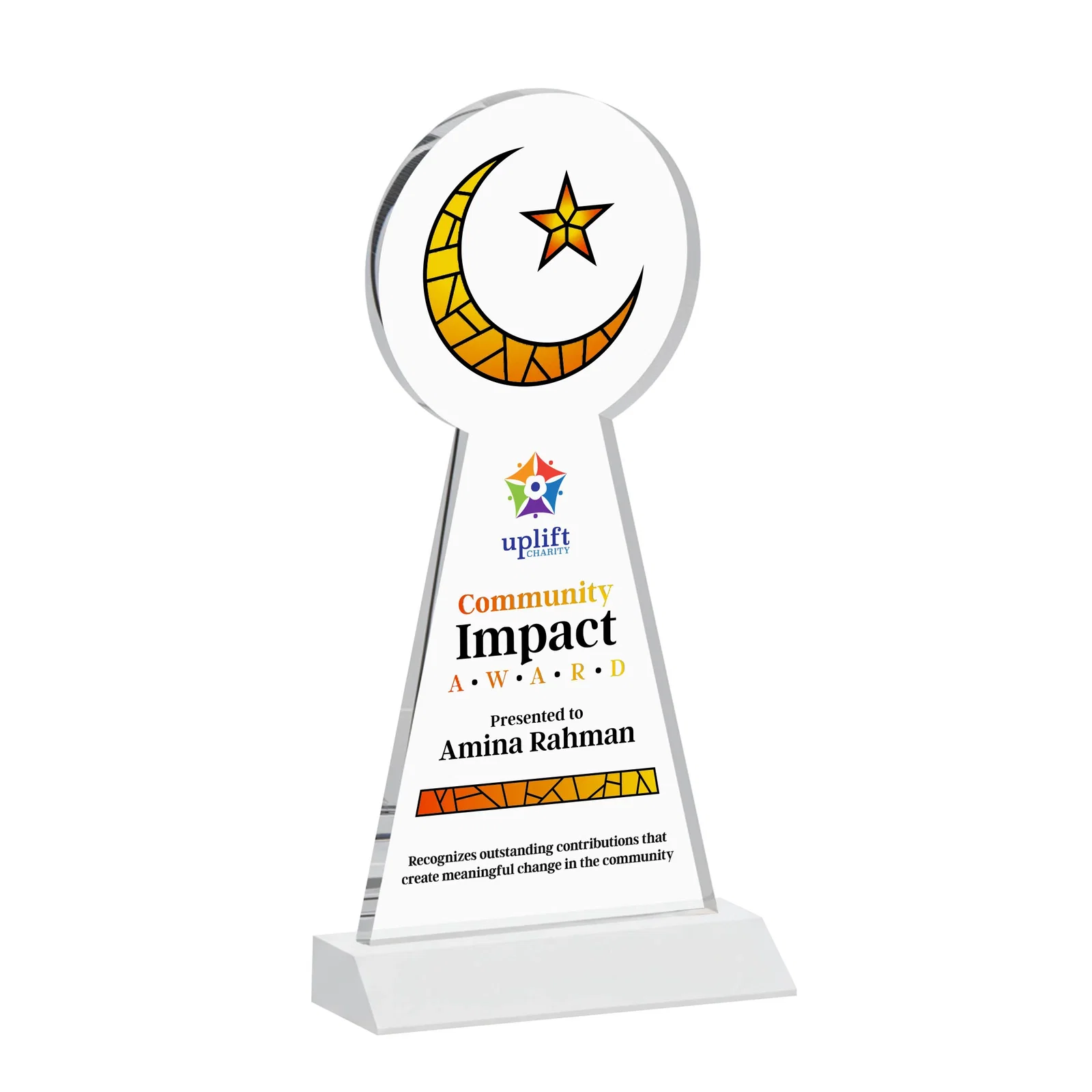Custom Starfire Crescent and Star Award on a Front-Mitered Base, with your logo for team milestone celebrations