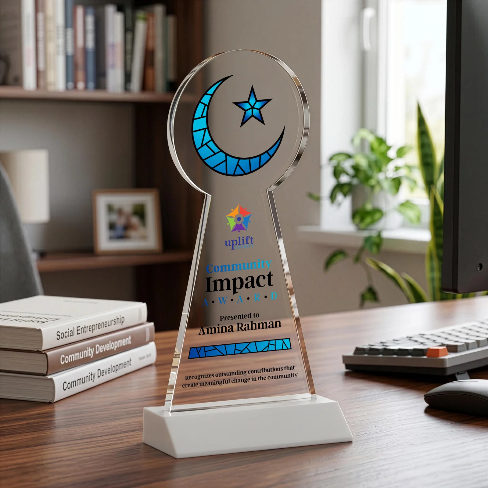 Custom Starfire Crescent and Star Award on a Front-Mitered Base, with your logo for donor appreciation