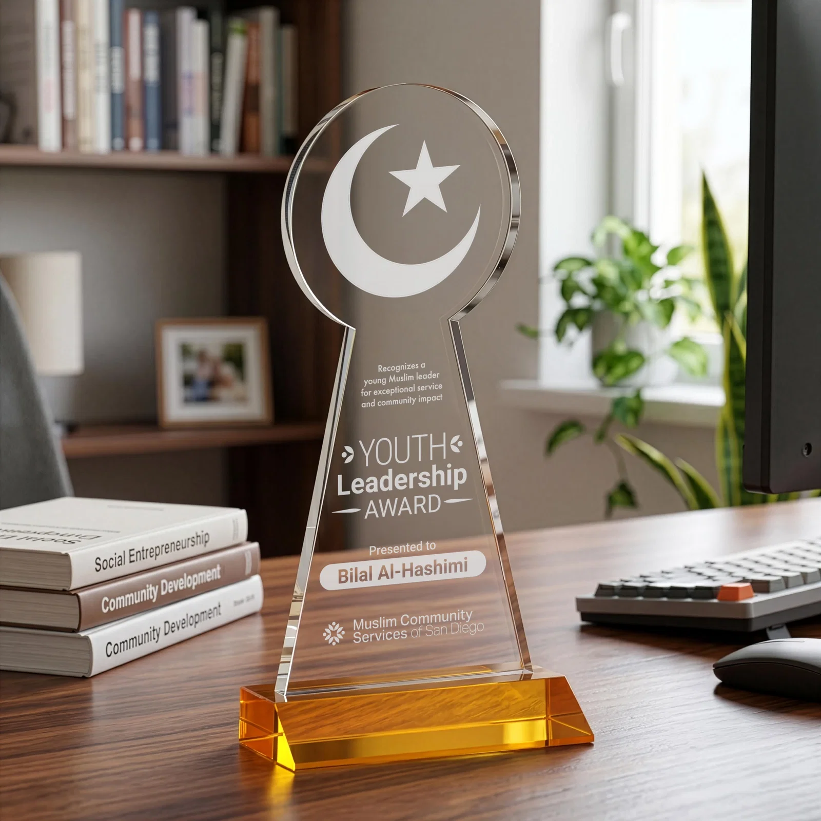 Custom Starfire Crescent and Star Award on a Front-Mitered Base for dealer and partner awards