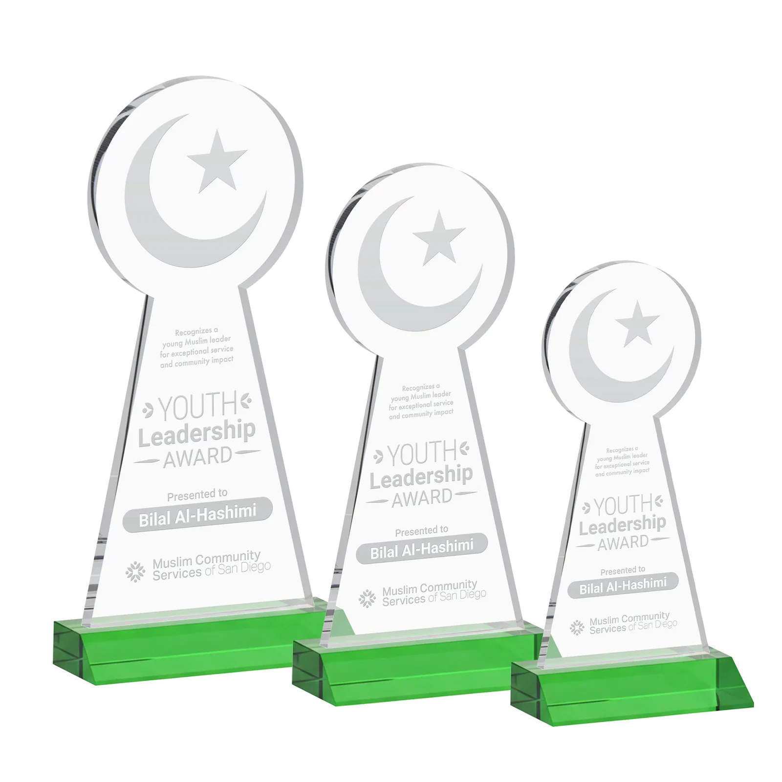 Custom Starfire Crescent and Star Award on a Front-Mitered Base for company anniversary events