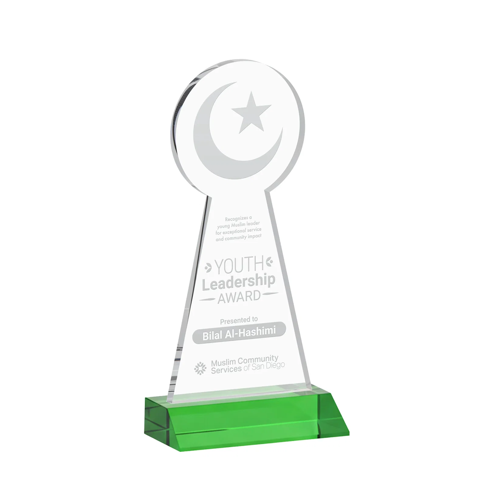 Personalized Starfire Crescent and Star Award on a Front-Mitered Base for employee recognition