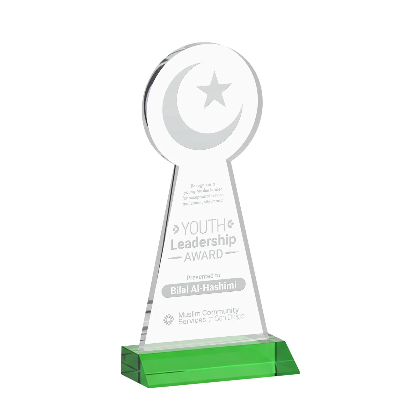 Personalized Starfire Crescent and Star Award on a Front-Mitered Base for corporate award ceremonies