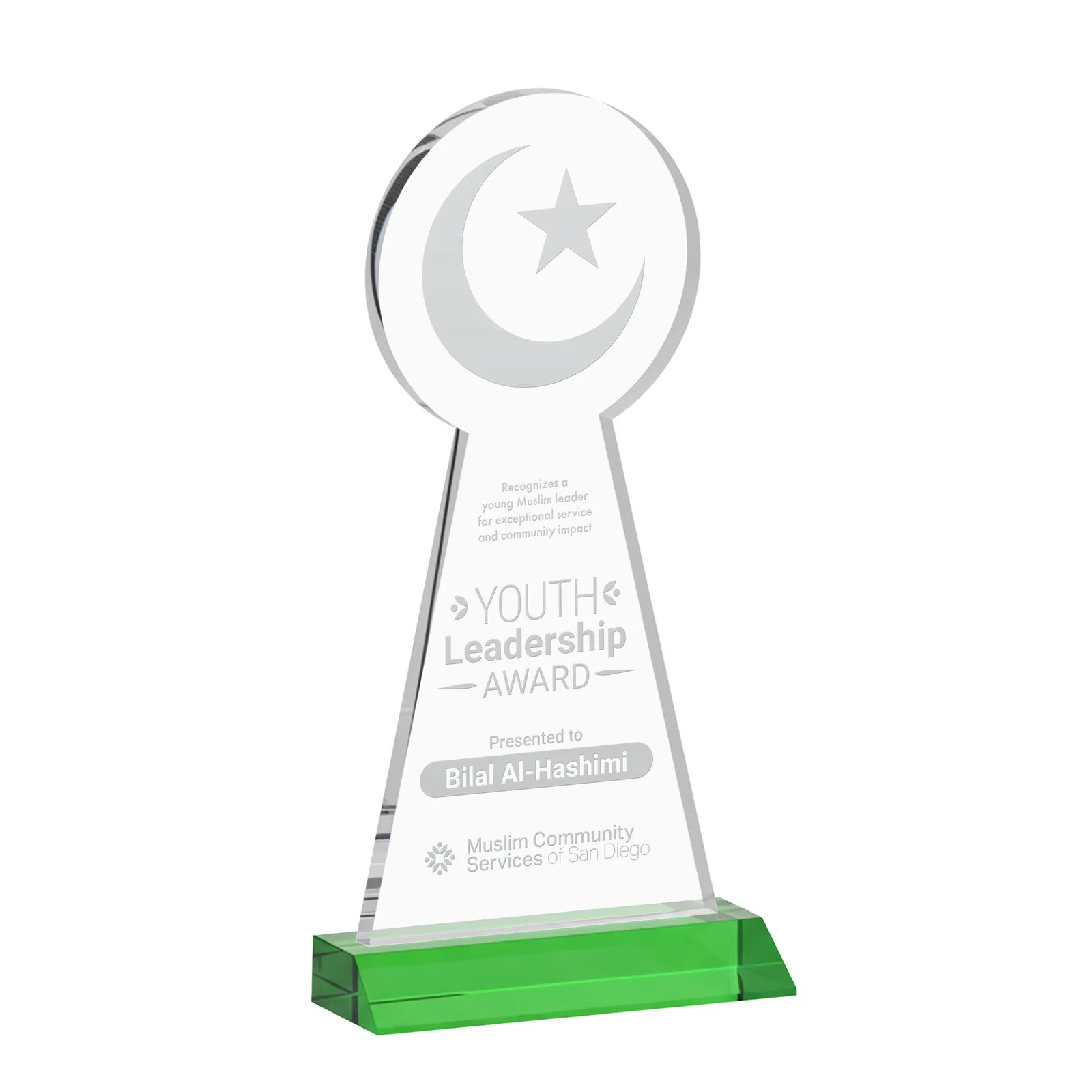 Personalized Starfire Crescent and Star Award on a Front-Mitered Base for service anniversary gifts
