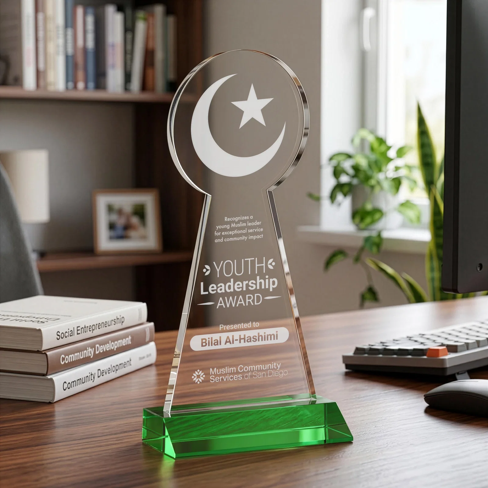 Personalized Starfire Crescent and Star Award on a Front-Mitered Base for sales achievement awards