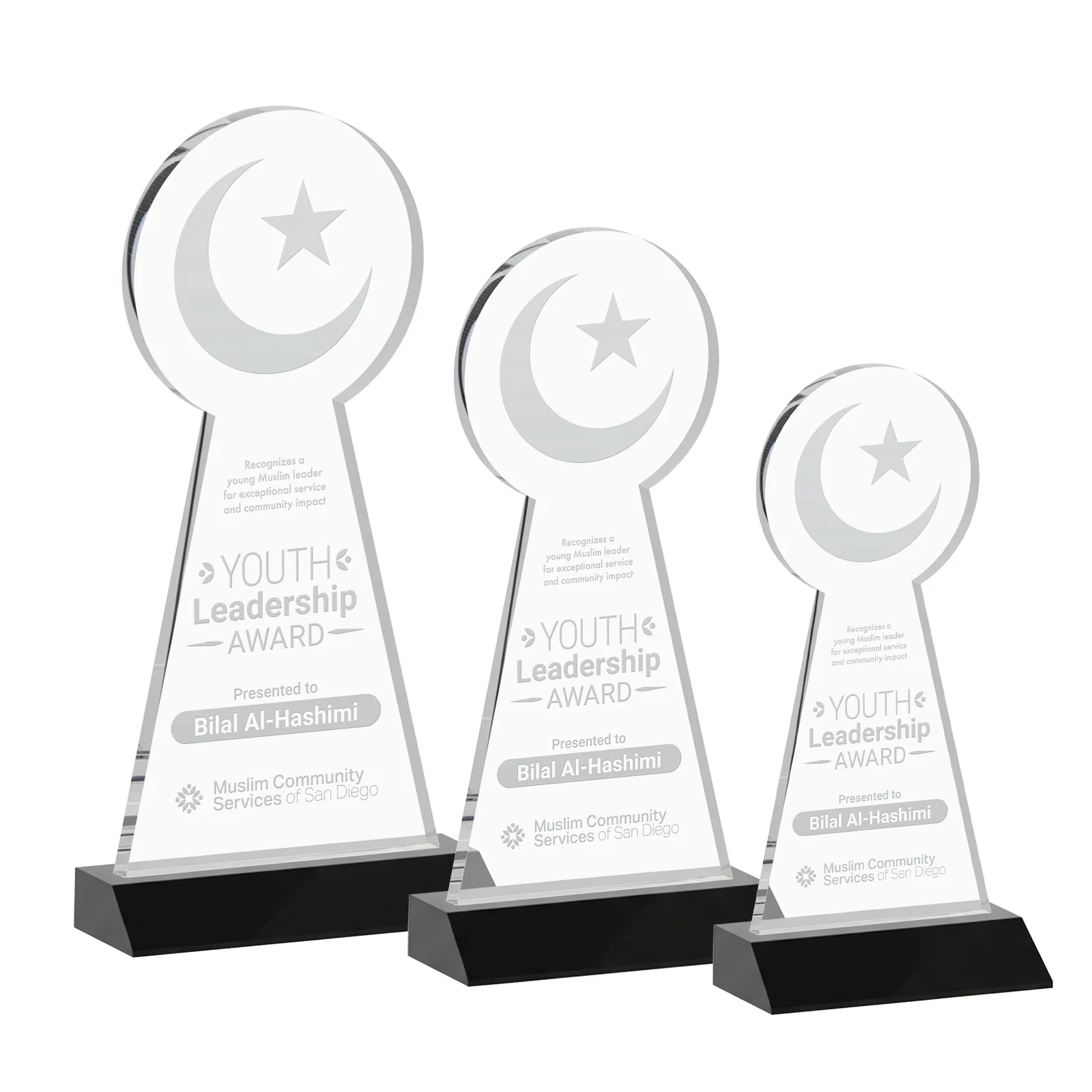Personalized Starfire Crescent and Star Award on a Front-Mitered Base for retirement presentations