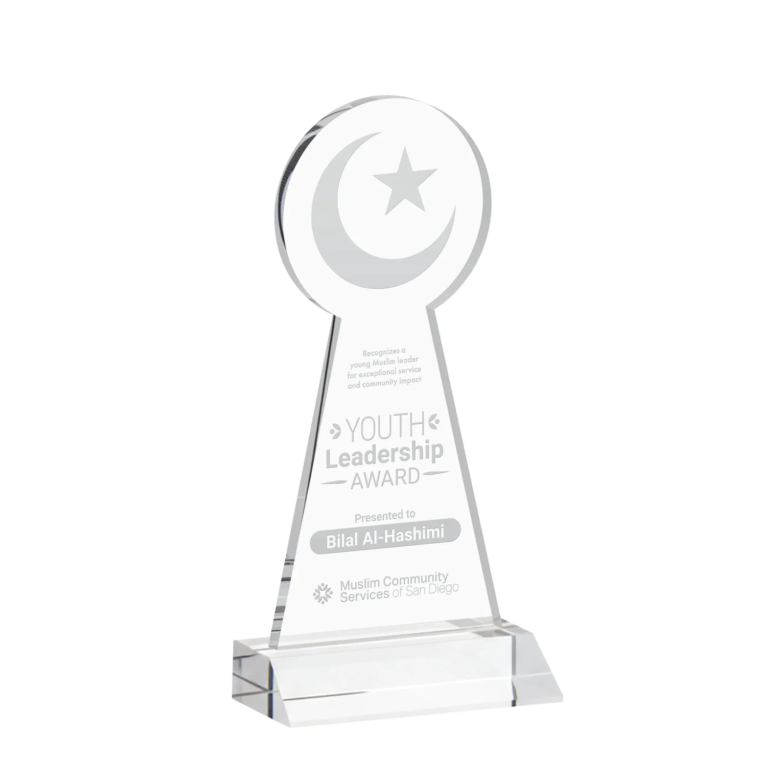 Custom Starfire Crescent and Star Award on a Front-Mitered Base for corporate award ceremonies