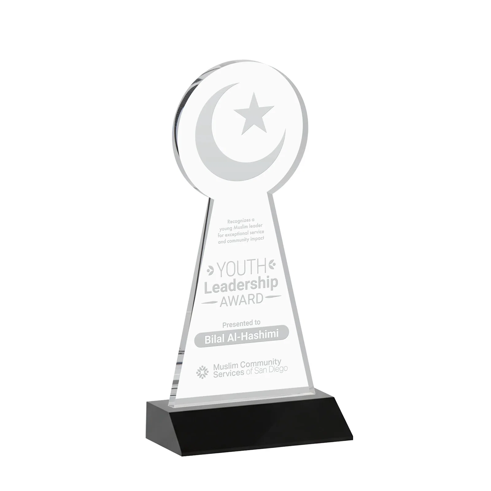 Personalized Starfire Crescent and Star Award on a Front-Mitered Base for team milestone celebrations