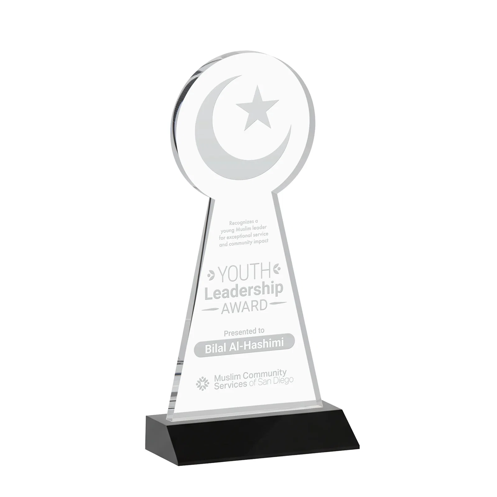 Personalized Starfire Crescent and Star Award on a Front-Mitered Base for donor appreciation
