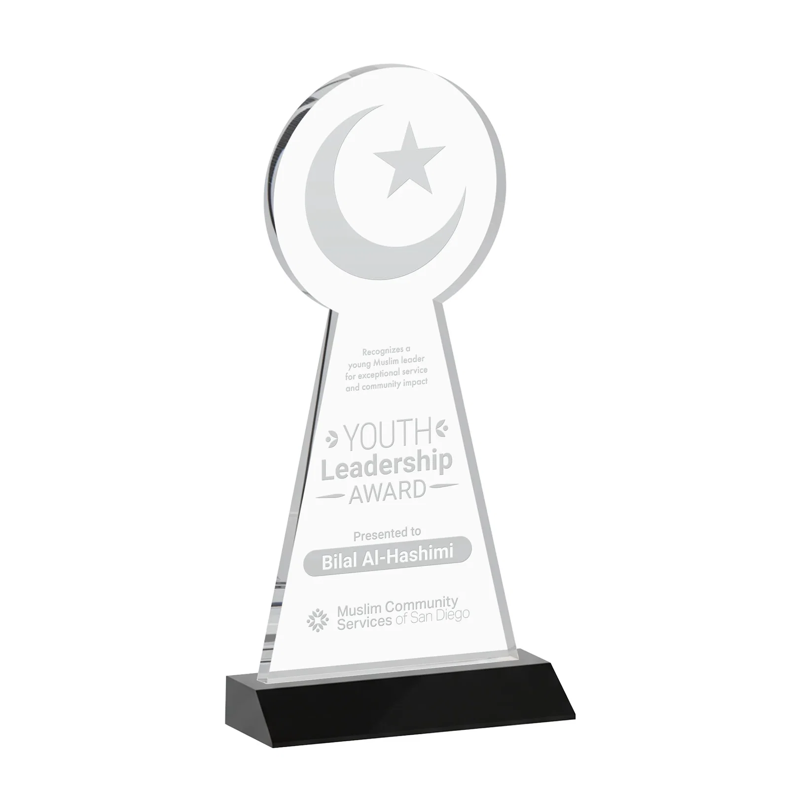 Personalized Starfire Crescent and Star Award on a Front-Mitered Base for graduation ceremonies