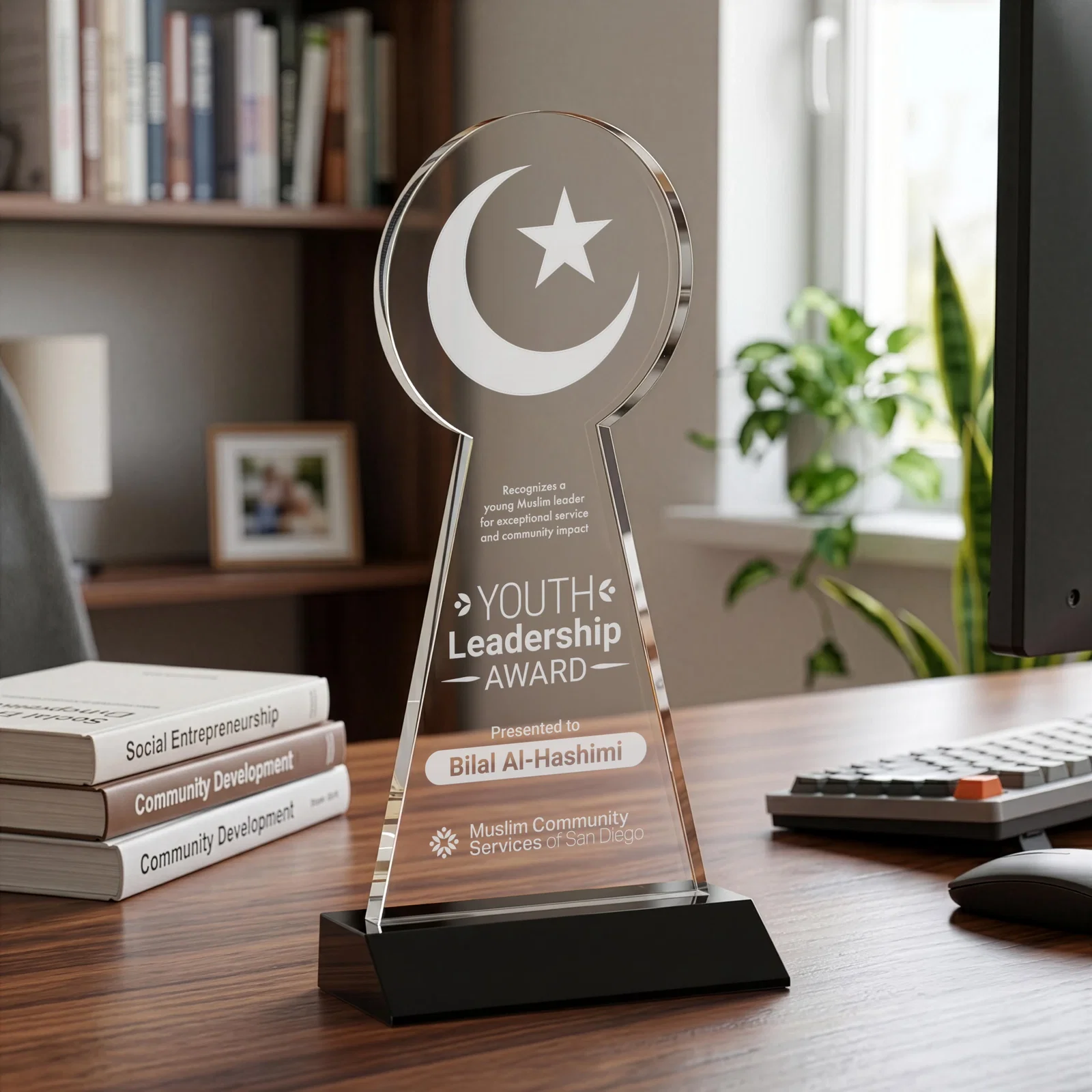 Personalized Starfire Crescent and Star Award on a Front-Mitered Base for safety achievement programs