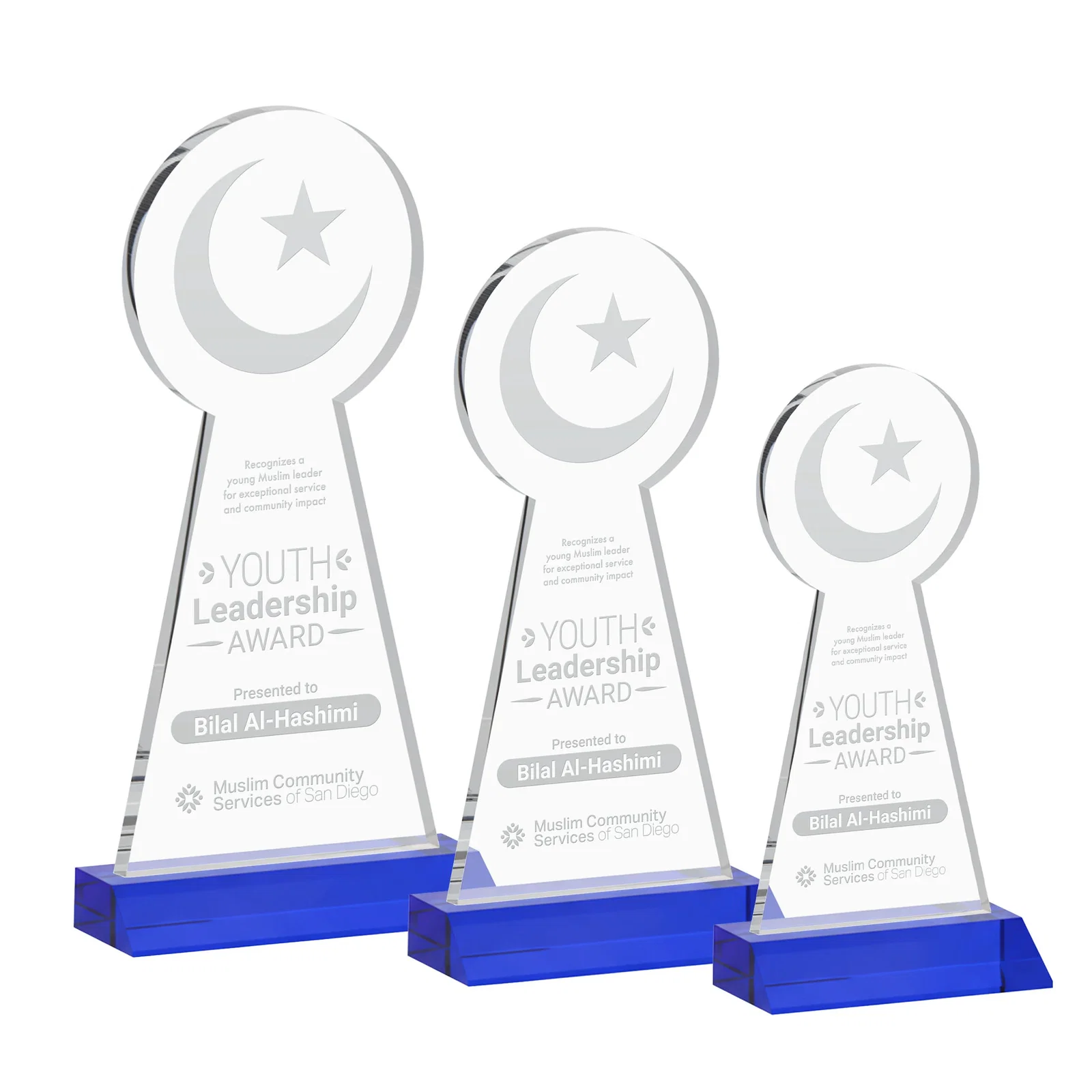 Personalized Starfire Crescent and Star Award on a Front-Mitered Base for volunteer appreciation