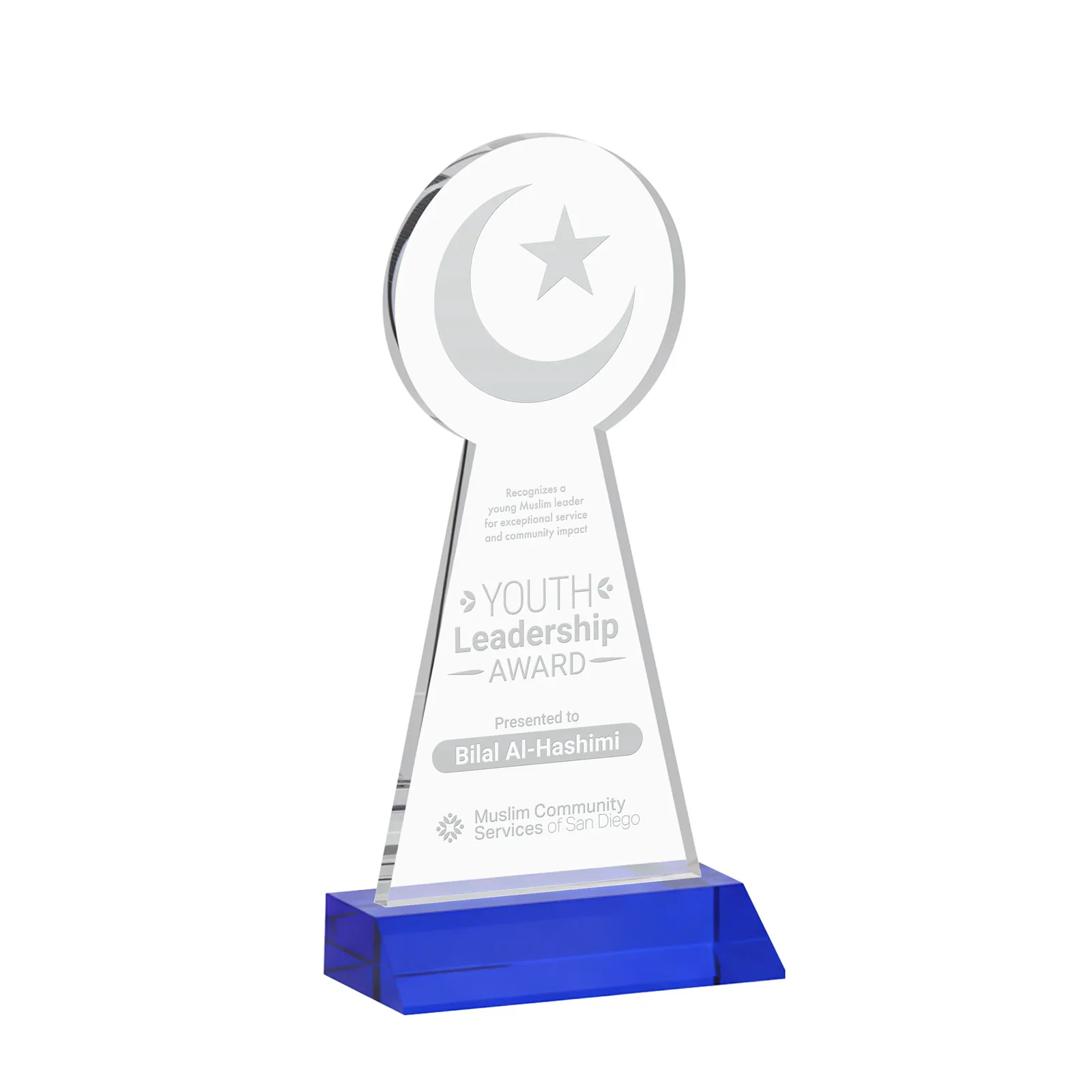 Personalized Starfire Crescent and Star Award on a Front-Mitered Base for dealer and partner awards