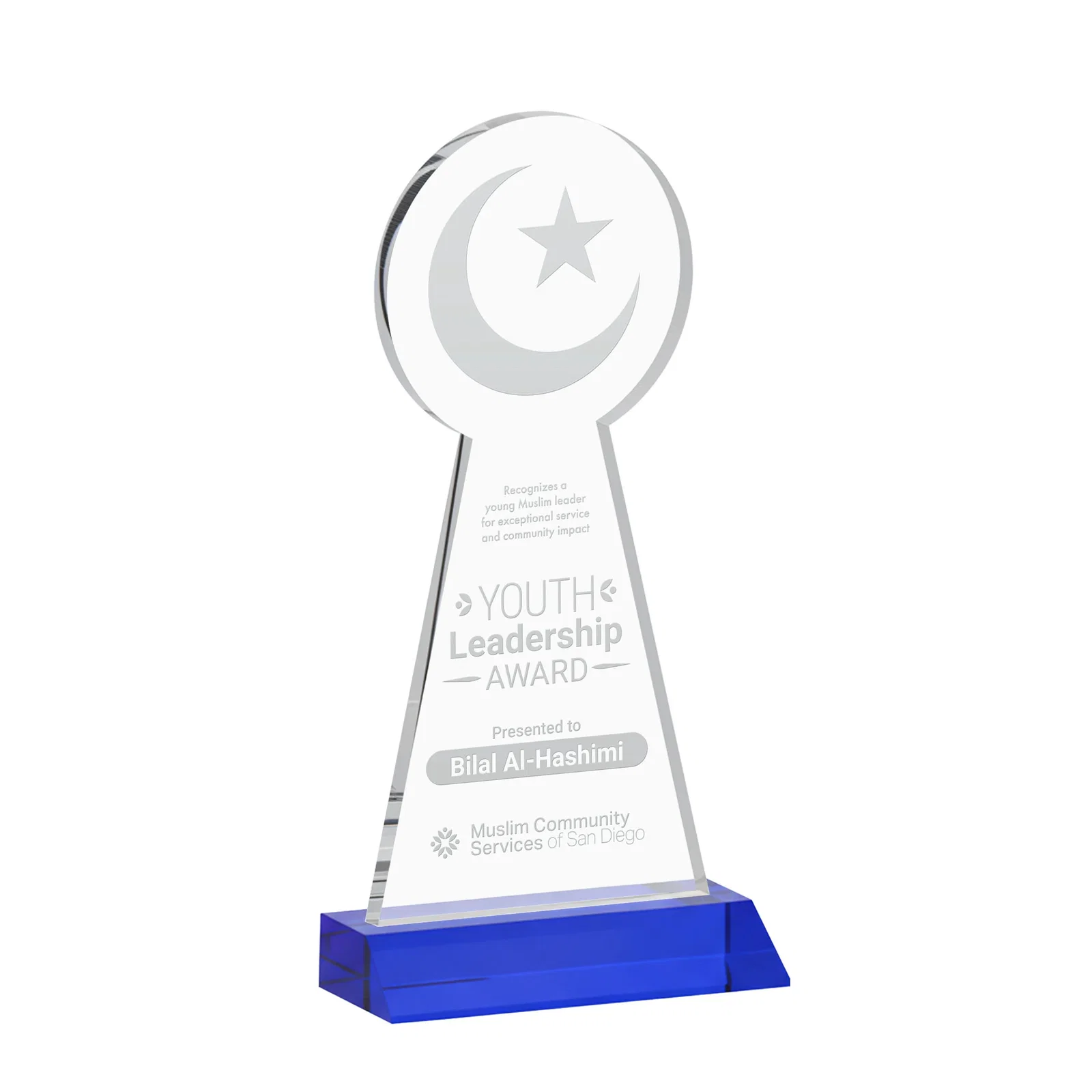 Personalized Starfire Crescent and Star Award on a Front-Mitered Base for company anniversary events
