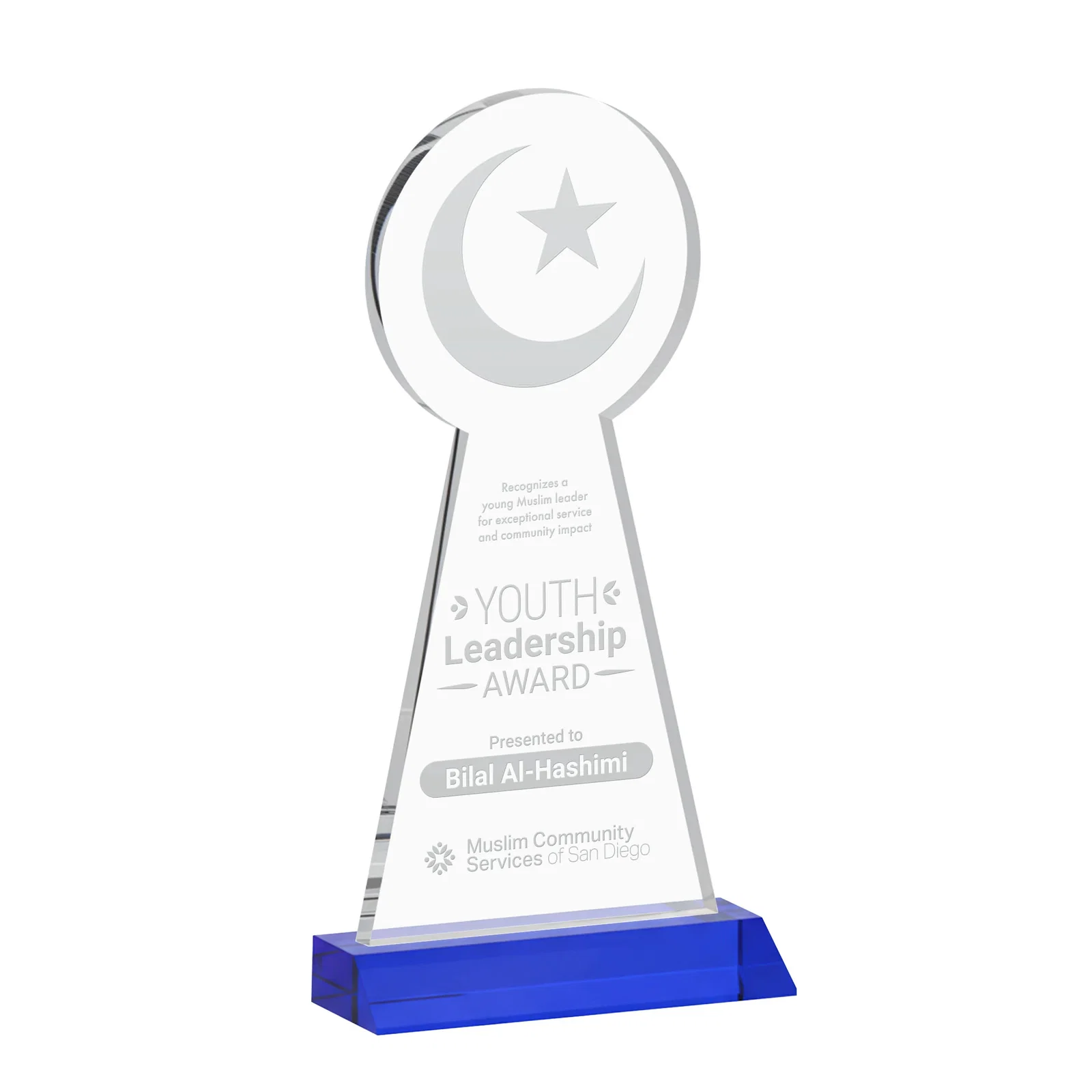 Promotional Starfire Crescent and Star Award on a Front-Mitered Base for employee recognition