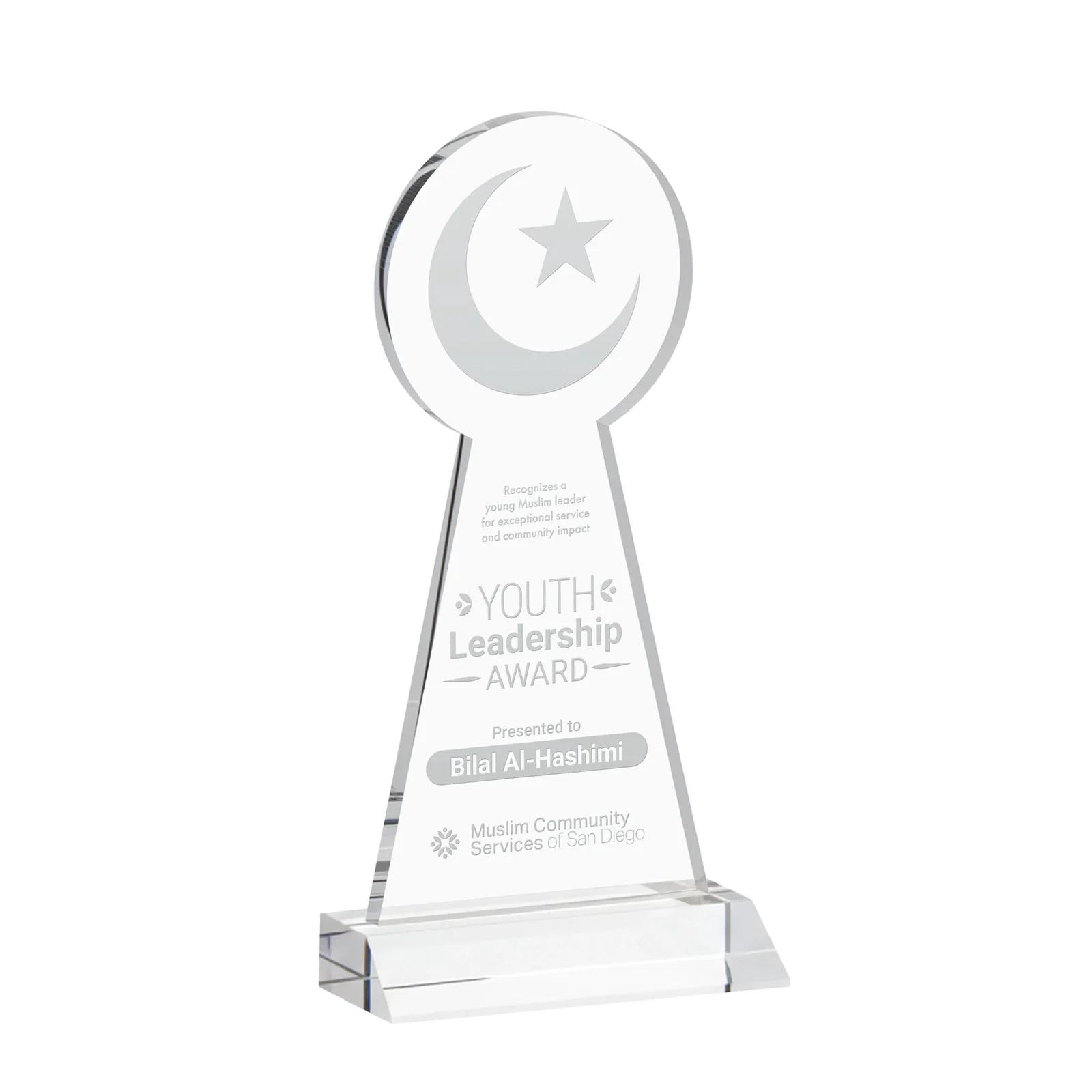 Custom Starfire Crescent and Star Award on a Front-Mitered Base for service anniversary gifts