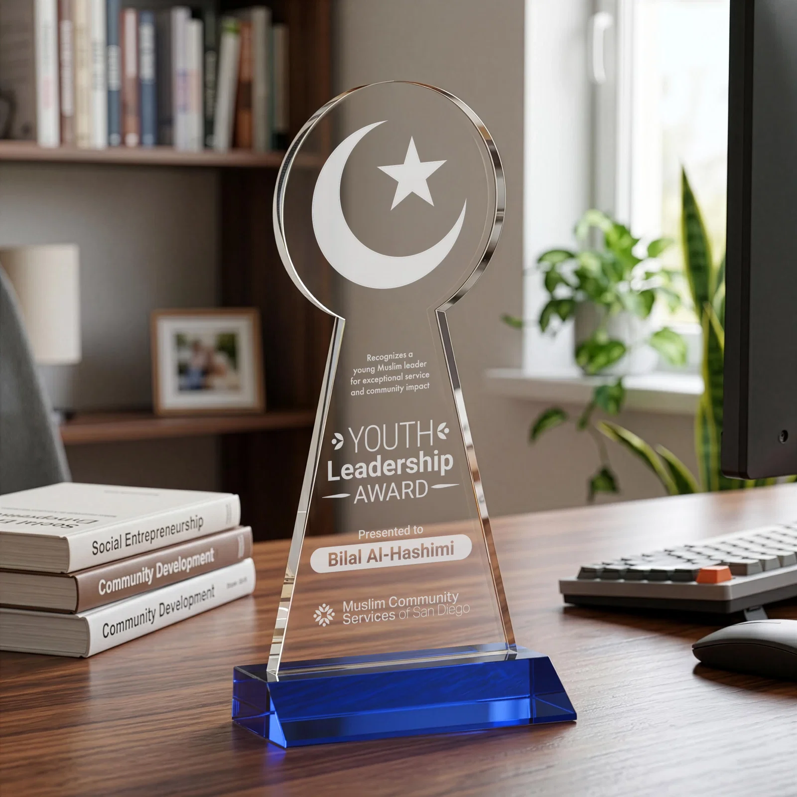 Promotional Starfire Crescent and Star Award on a Front-Mitered Base for corporate award ceremonies