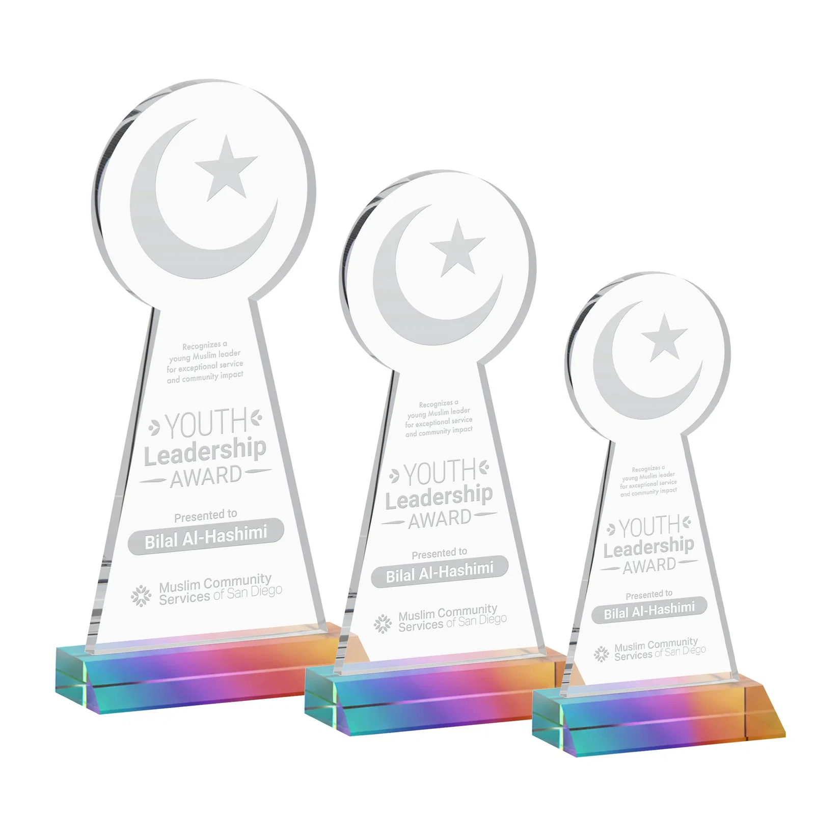 Promotional Starfire Crescent and Star Award on a Front-Mitered Base for service anniversary gifts