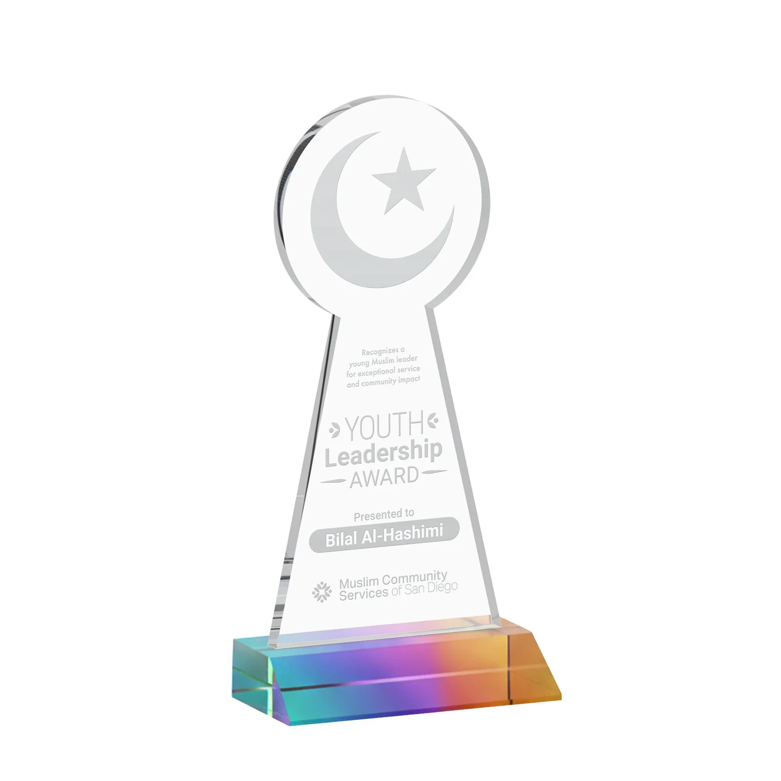 Promotional Starfire Crescent and Star Award on a Front-Mitered Base for sales achievement awards