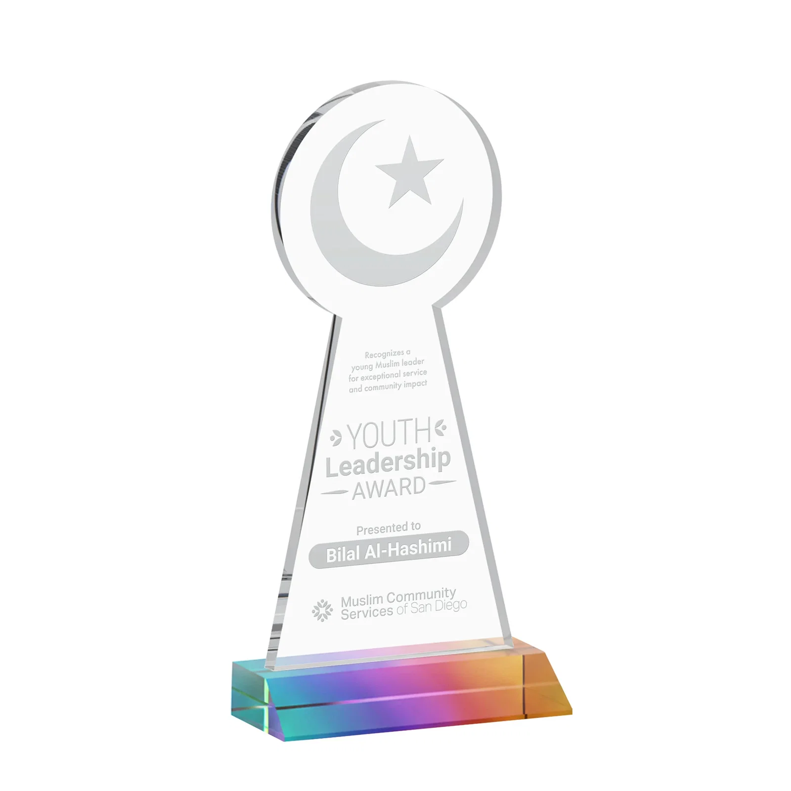 Promotional Starfire Crescent and Star Award on a Front-Mitered Base for retirement presentations
