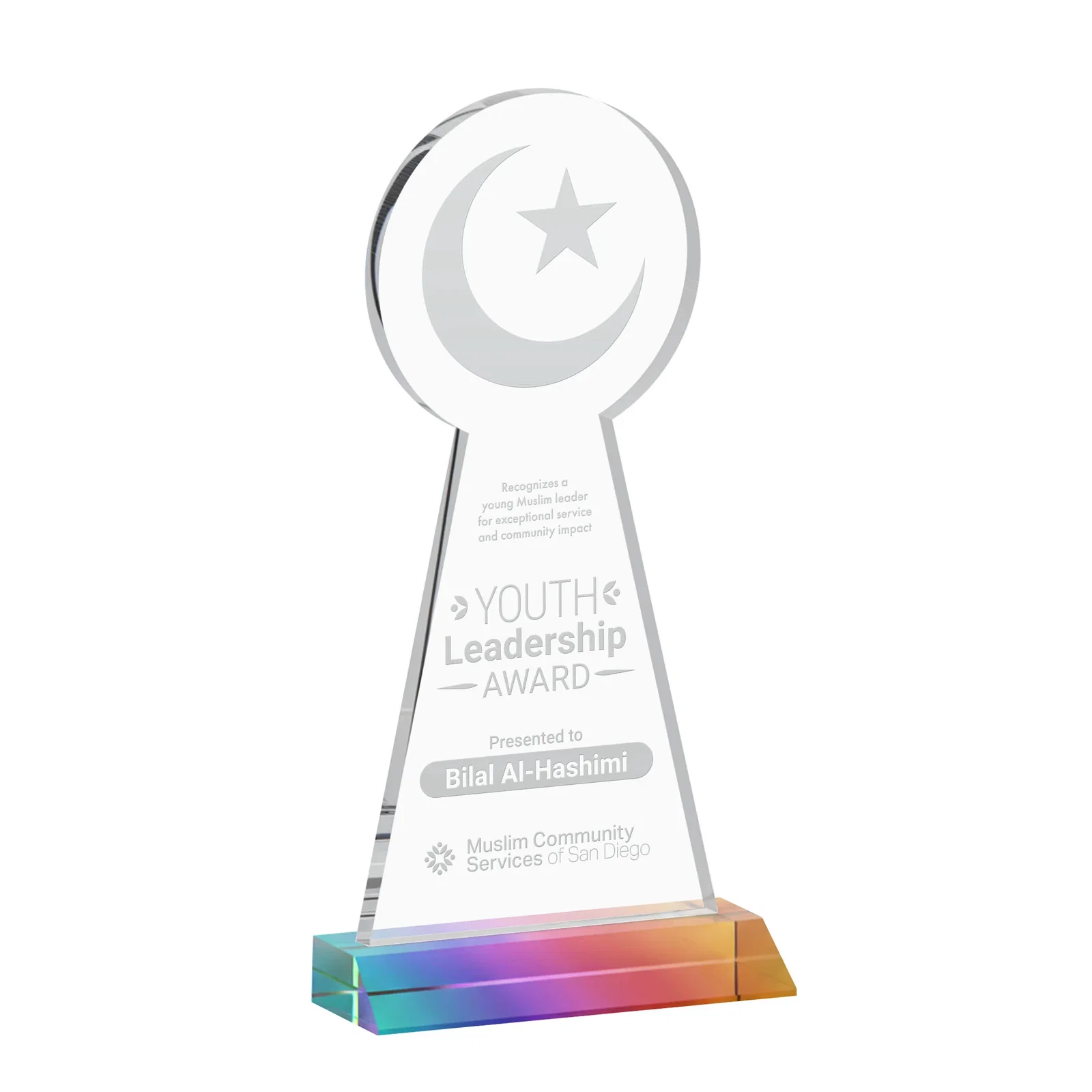 Promotional Starfire Crescent and Star Award on a Front-Mitered Base for team milestone celebrations