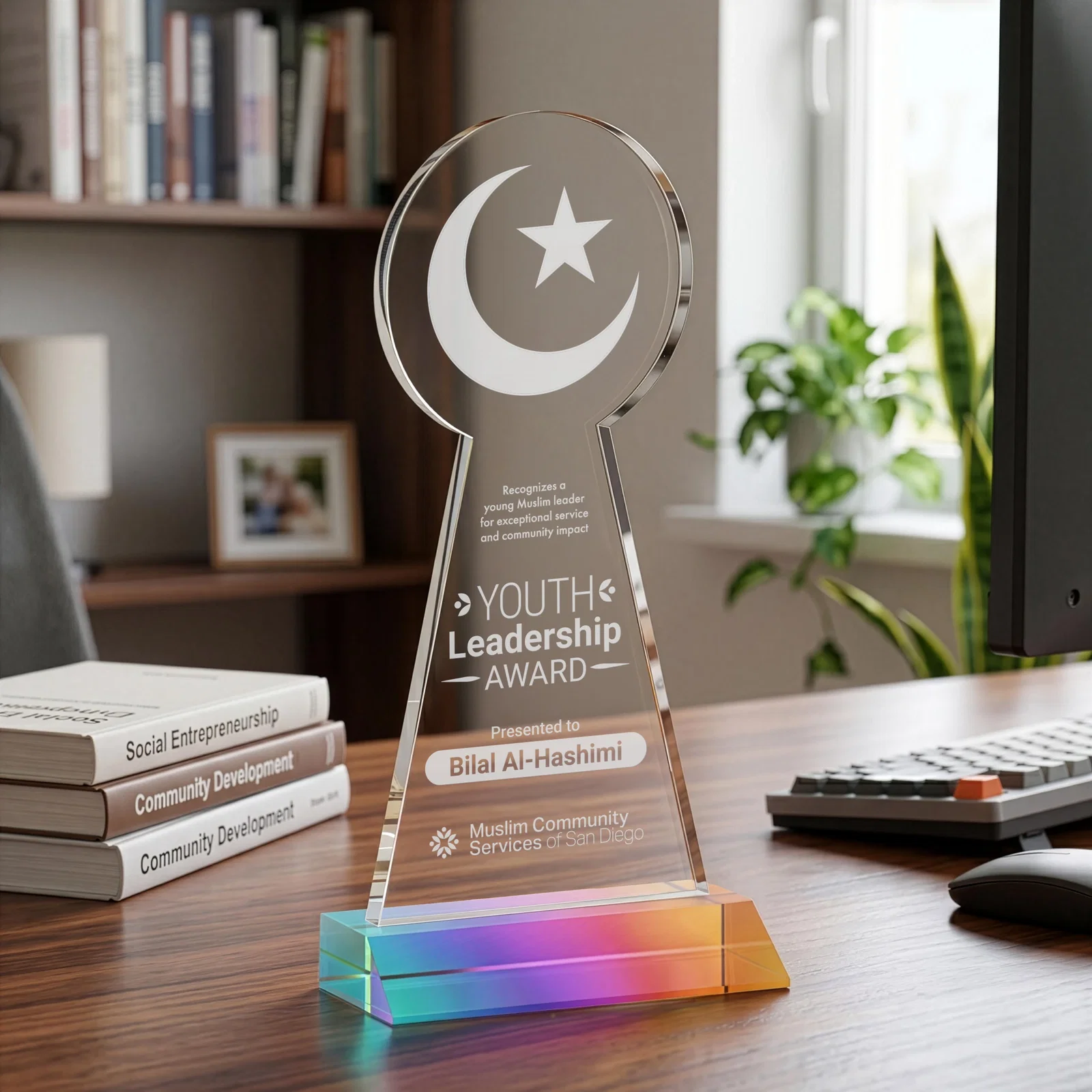 Promotional Starfire Crescent and Star Award on a Front-Mitered Base for donor appreciation