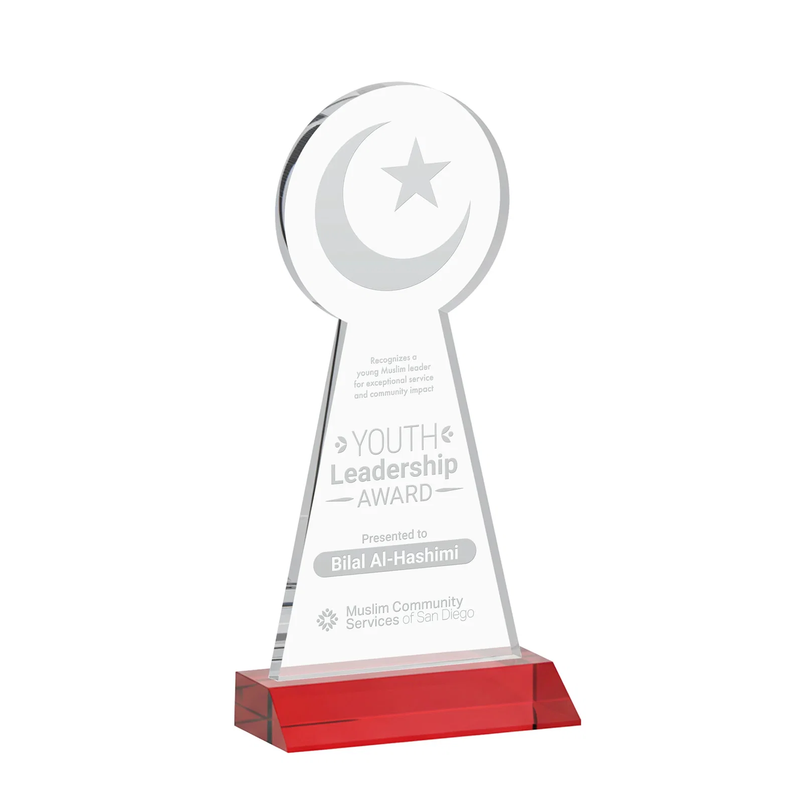Promotional Starfire Crescent and Star Award on a Front-Mitered Base for volunteer appreciation