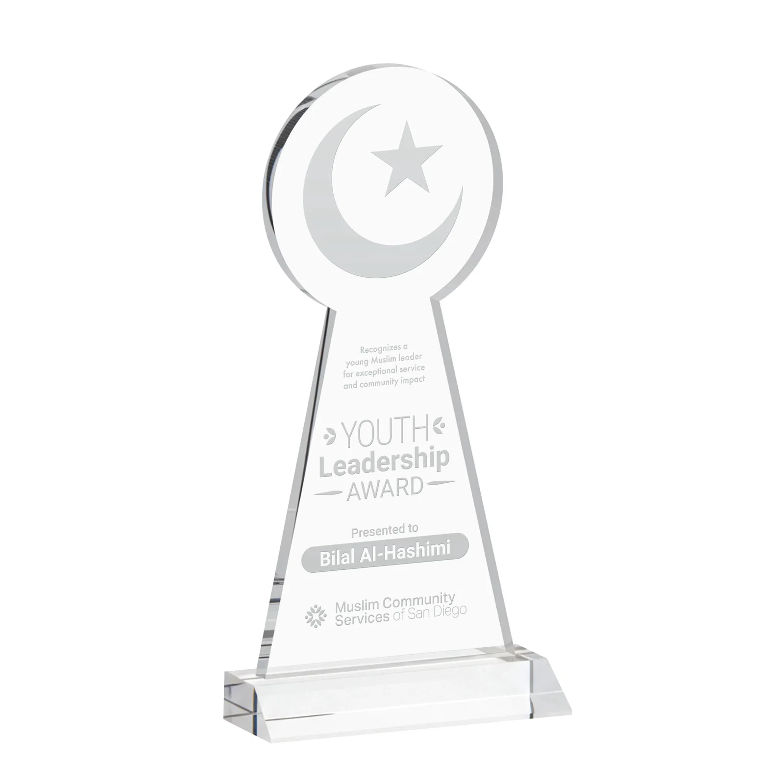 Custom Starfire Crescent and Star Award on a Front-Mitered Base for sales achievement awards