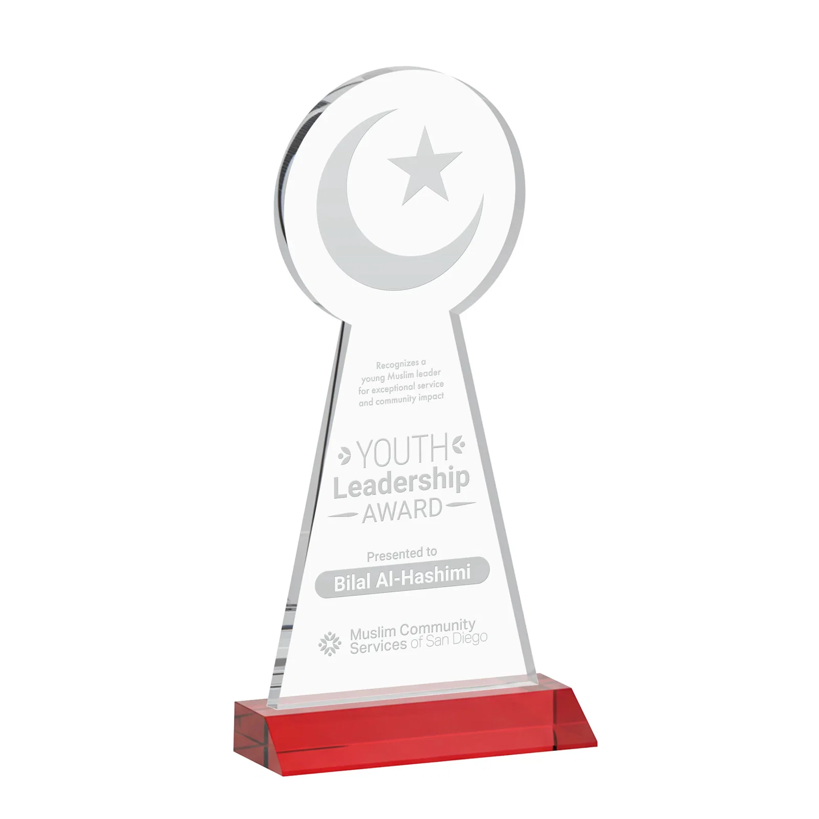 Promotional Starfire Crescent and Star Award on a Front-Mitered Base for dealer and partner awards