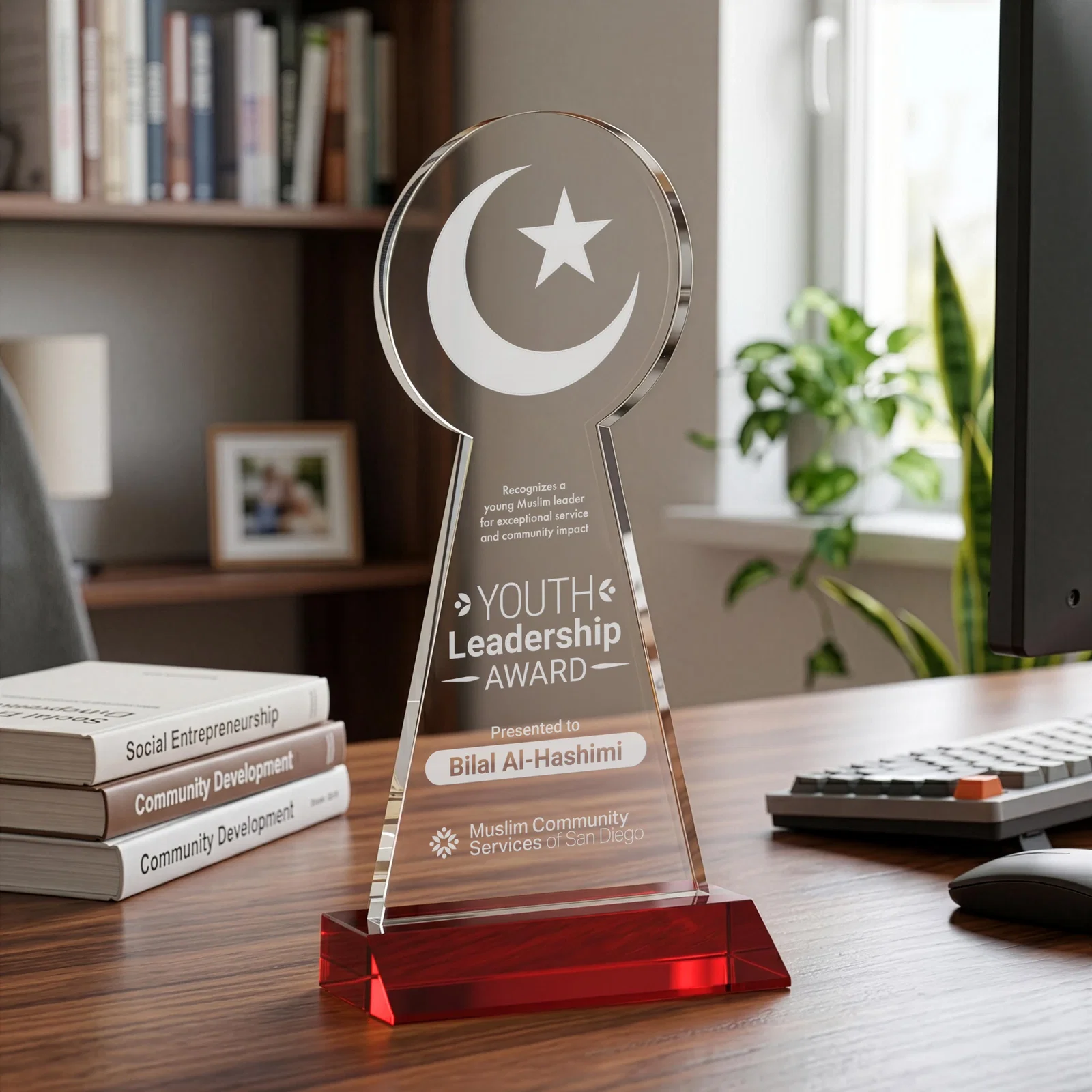 Promotional Starfire Crescent and Star Award on a Front-Mitered Base for company anniversary events
