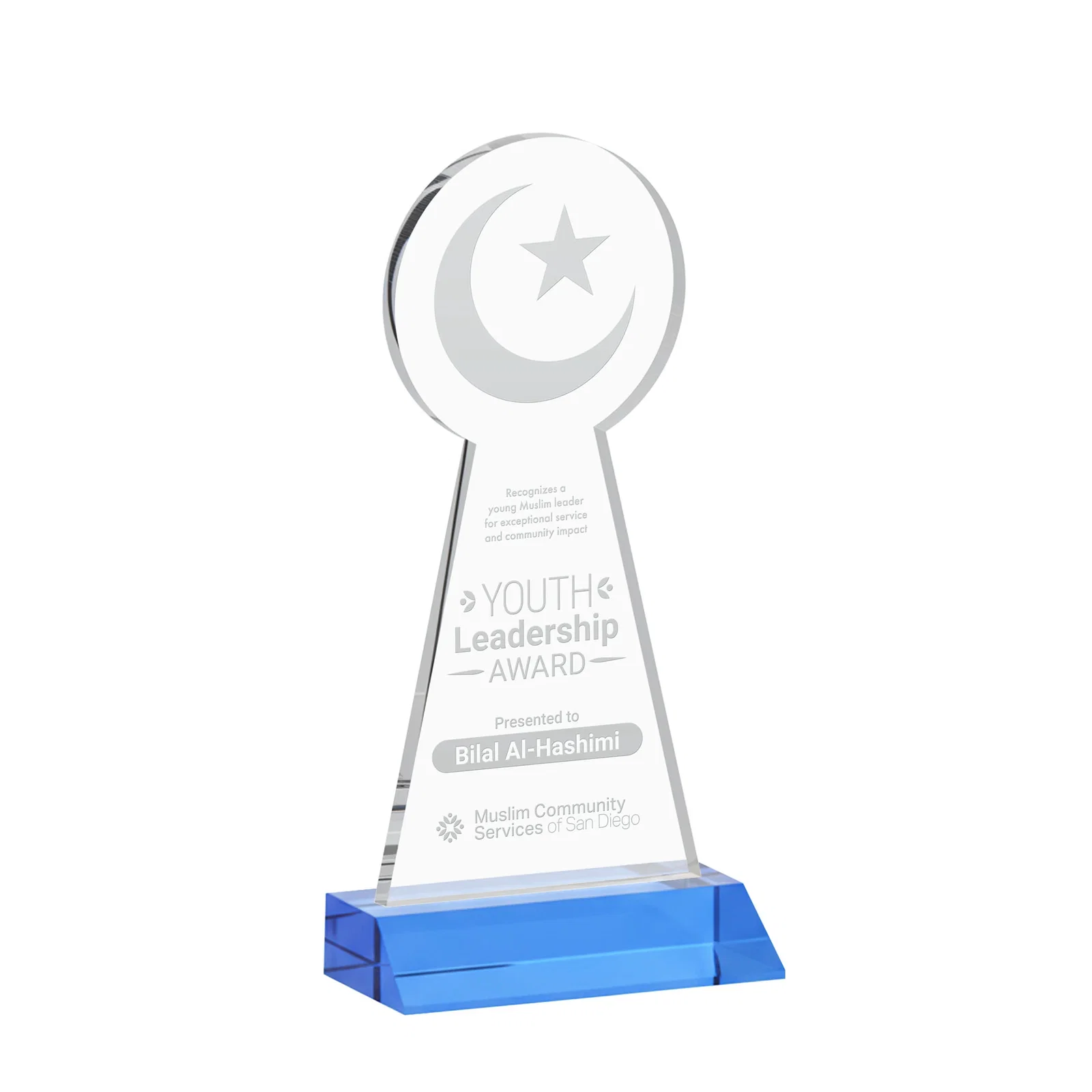 Branded Starfire Crescent and Star Award on a Front-Mitered Base for corporate award ceremonies