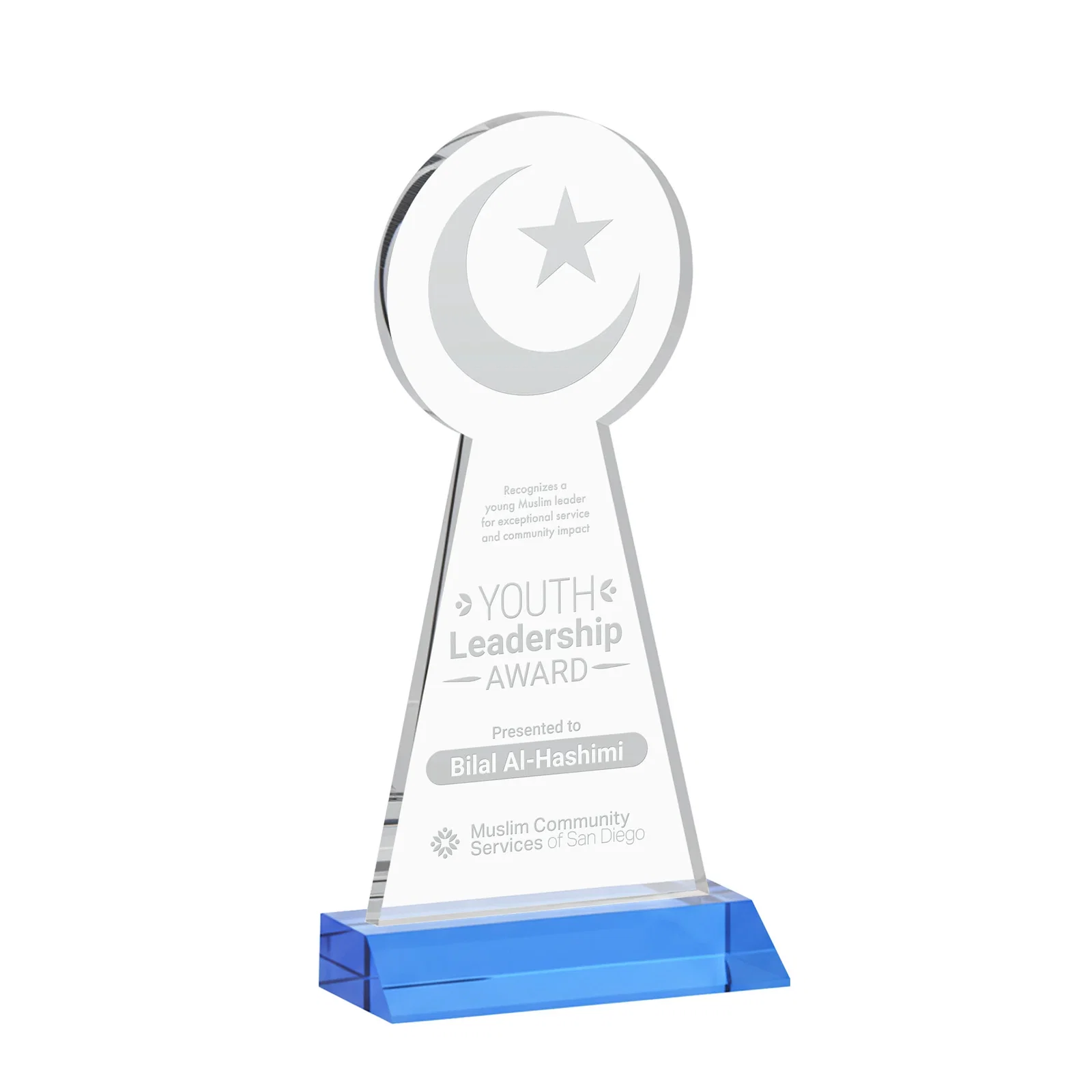 Branded Starfire Crescent and Star Award on a Front-Mitered Base for service anniversary gifts