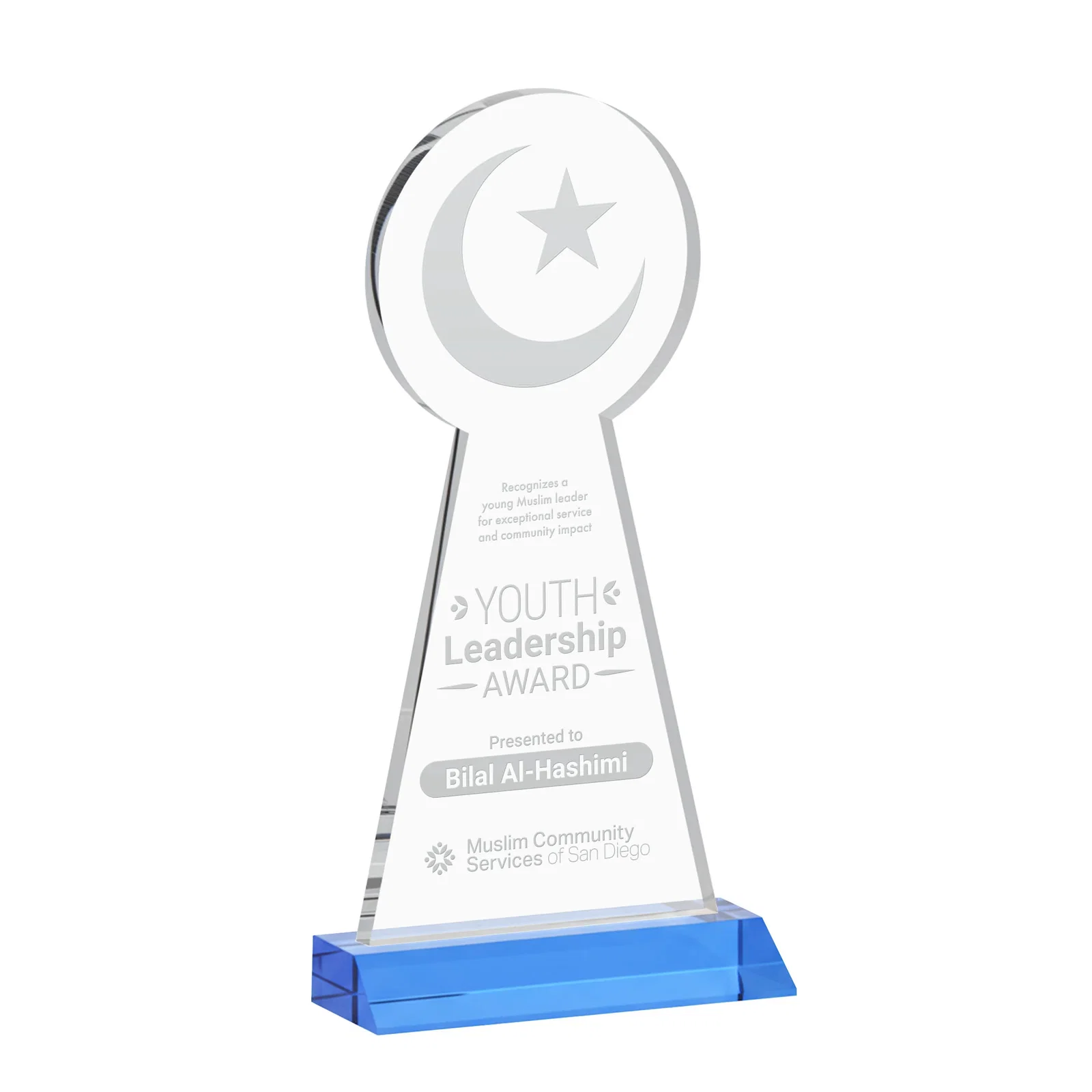 Branded Starfire Crescent and Star Award on a Front-Mitered Base for sales achievement awards