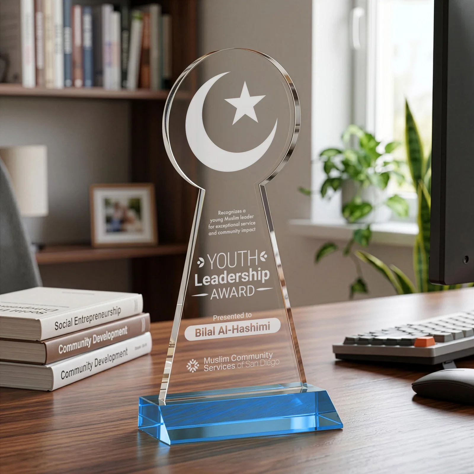 Branded Starfire Crescent and Star Award on a Front-Mitered Base for retirement presentations