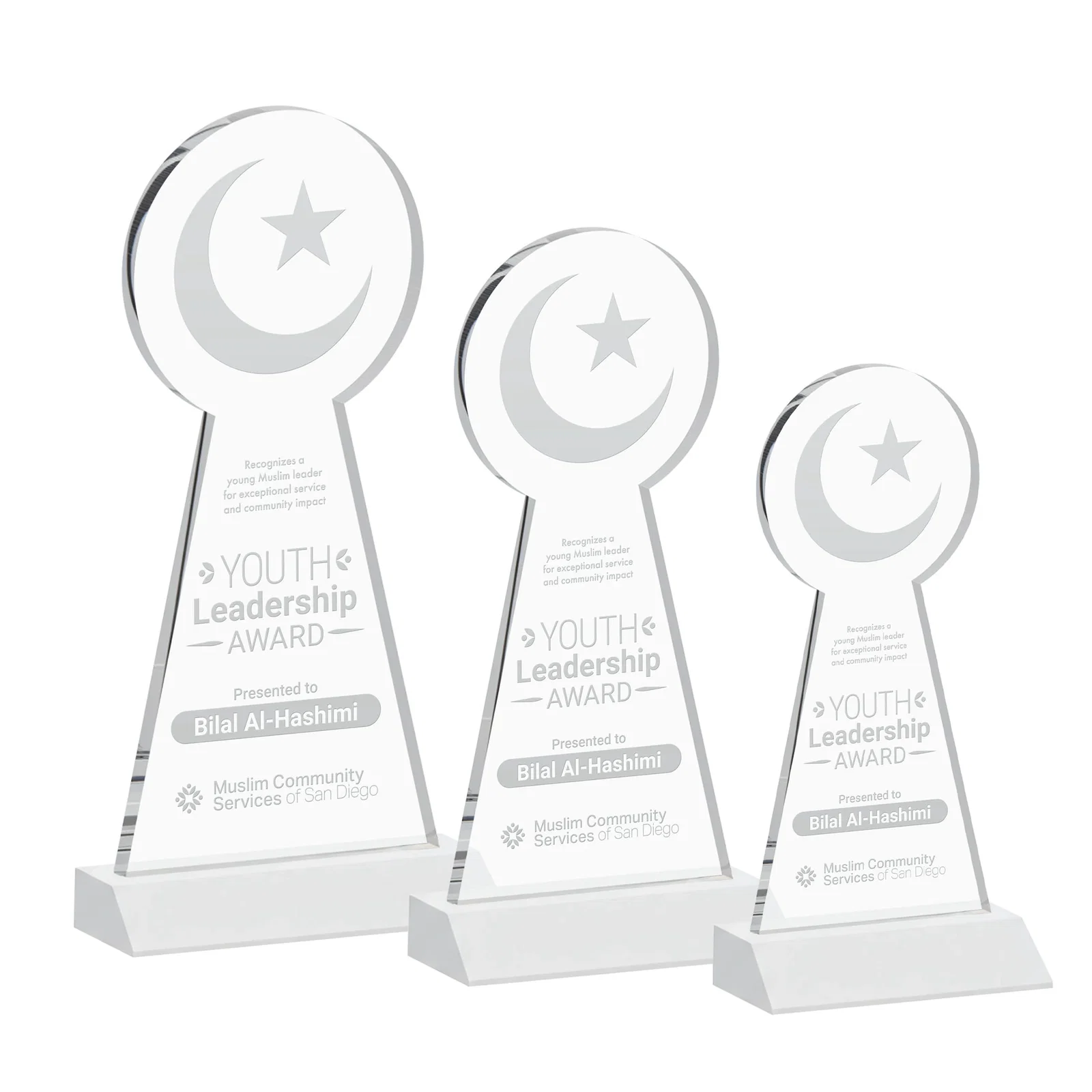 Branded Starfire Crescent and Star Award on a Front-Mitered Base for team milestone celebrations