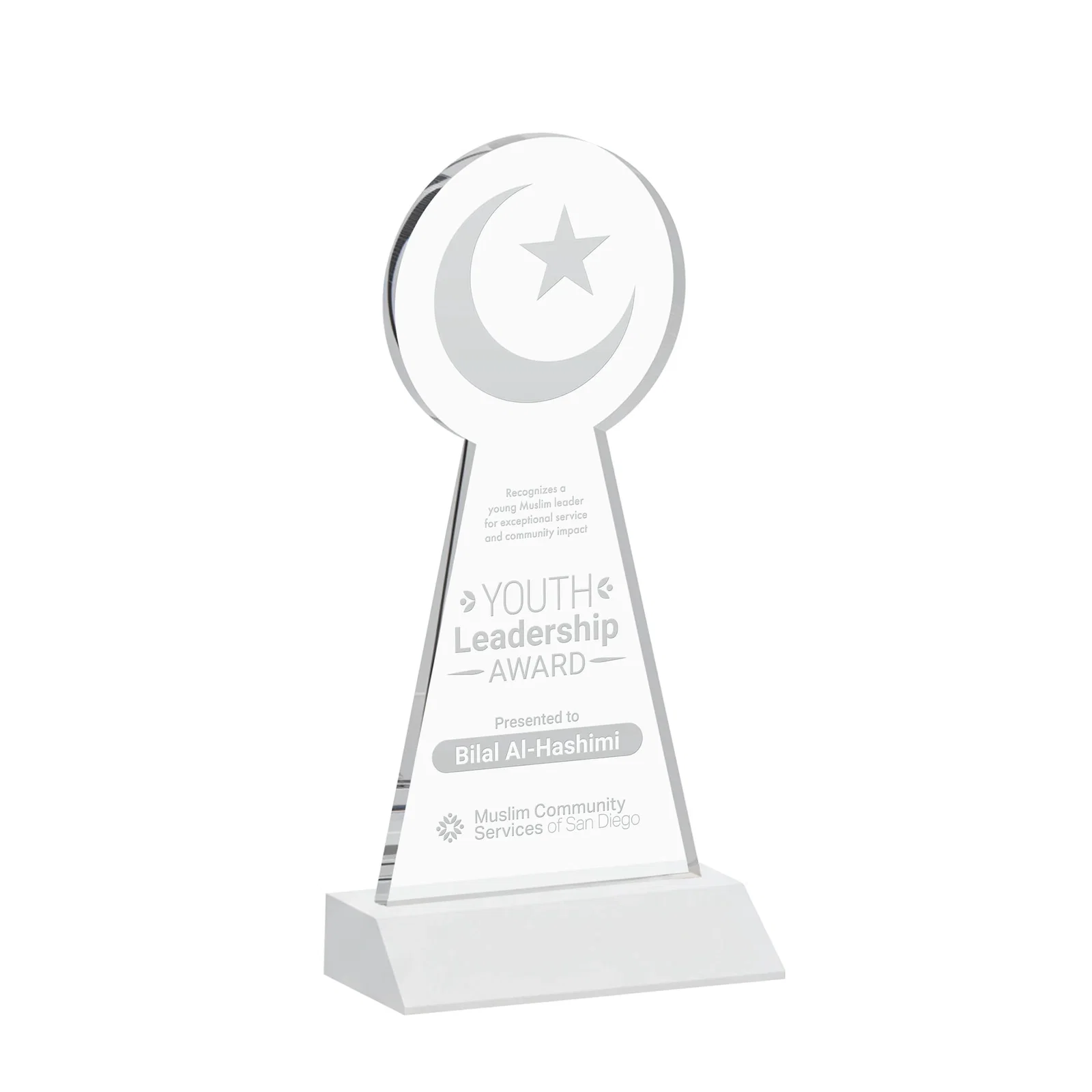 Branded Starfire Crescent and Star Award on a Front-Mitered Base for donor appreciation