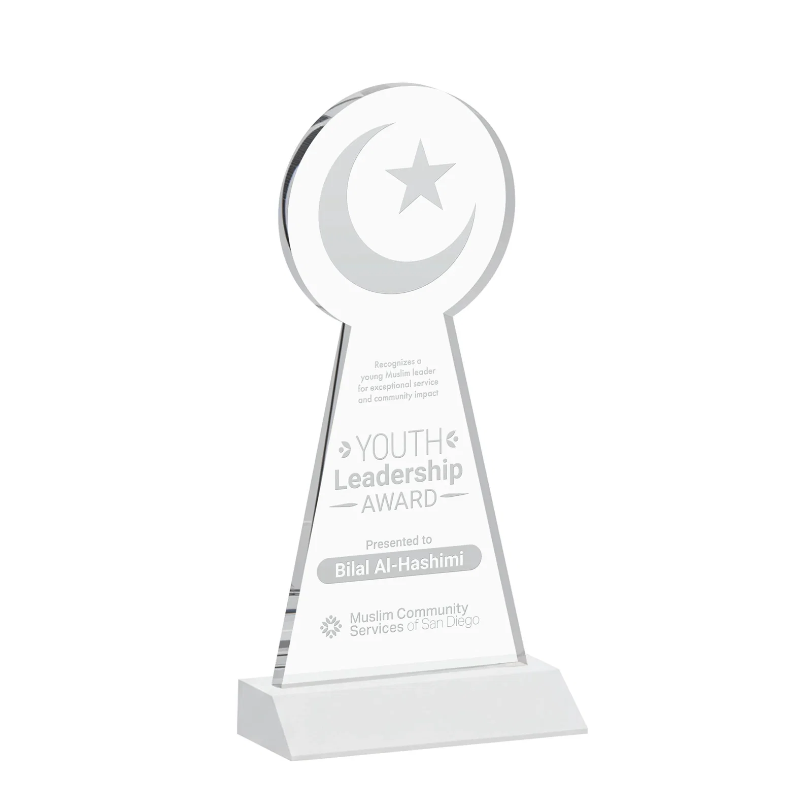 Branded Starfire Crescent and Star Award on a Front-Mitered Base for graduation ceremonies