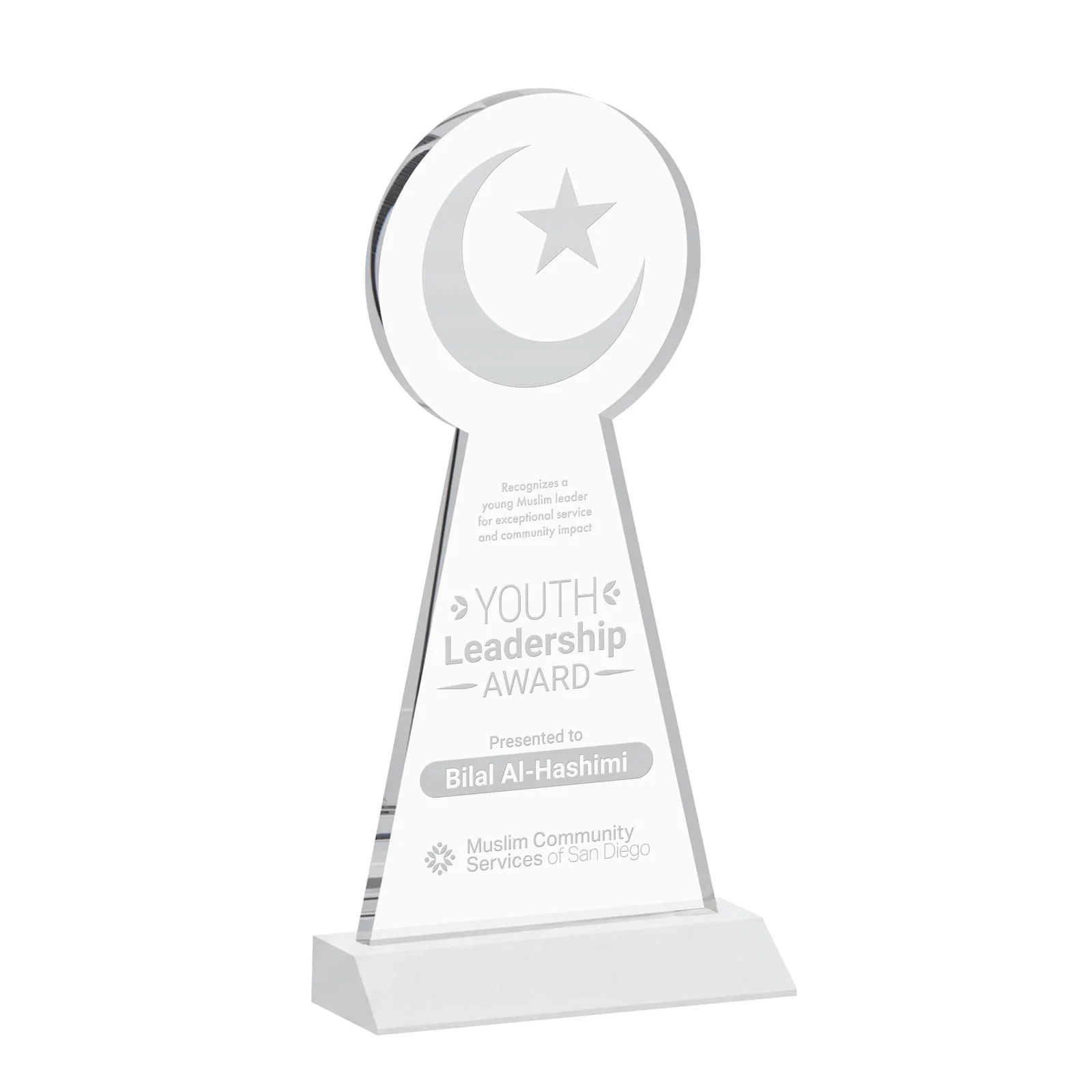 Branded Starfire Crescent and Star Award on a Front-Mitered Base for safety achievement programs