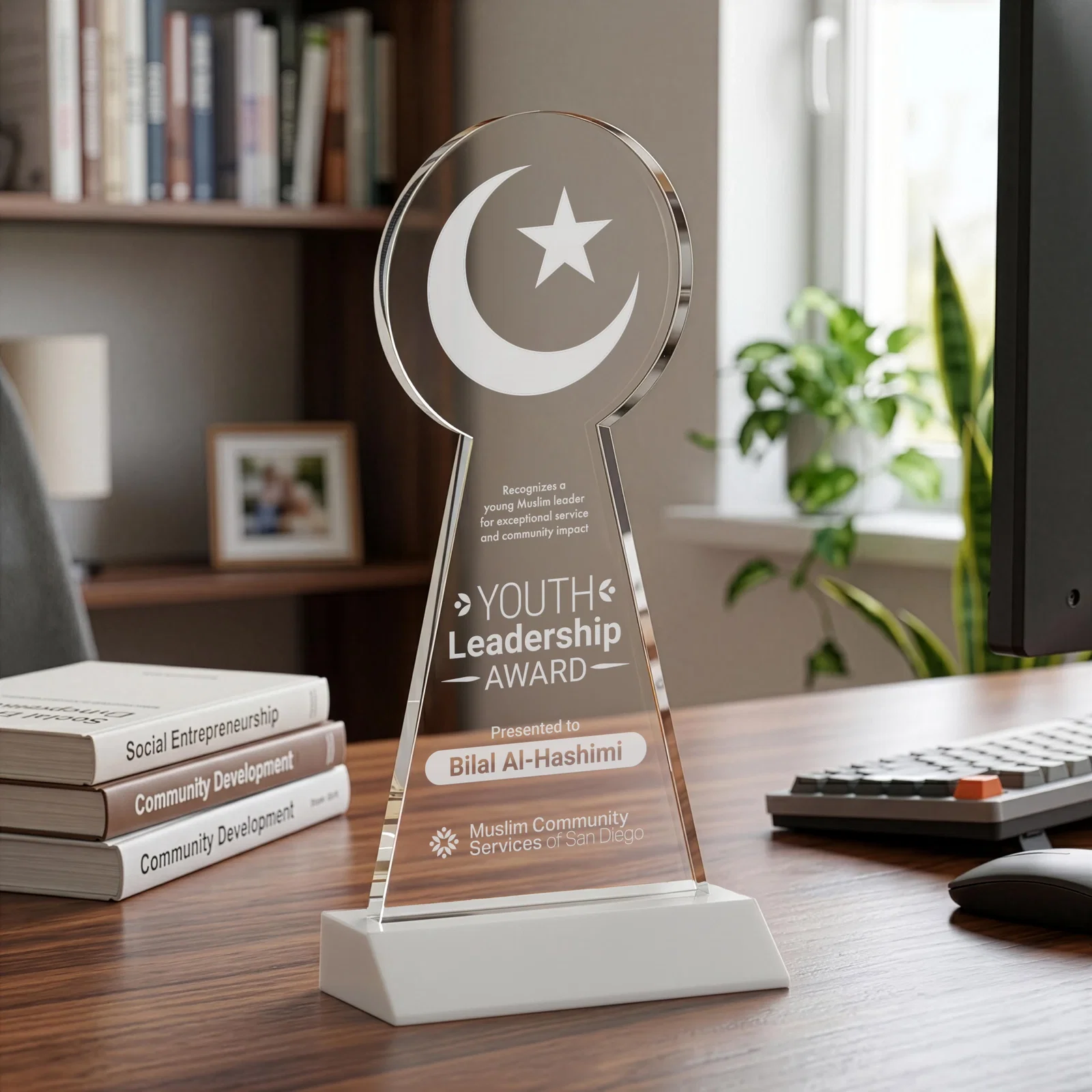 Branded Starfire Crescent and Star Award on a Front-Mitered Base for volunteer appreciation